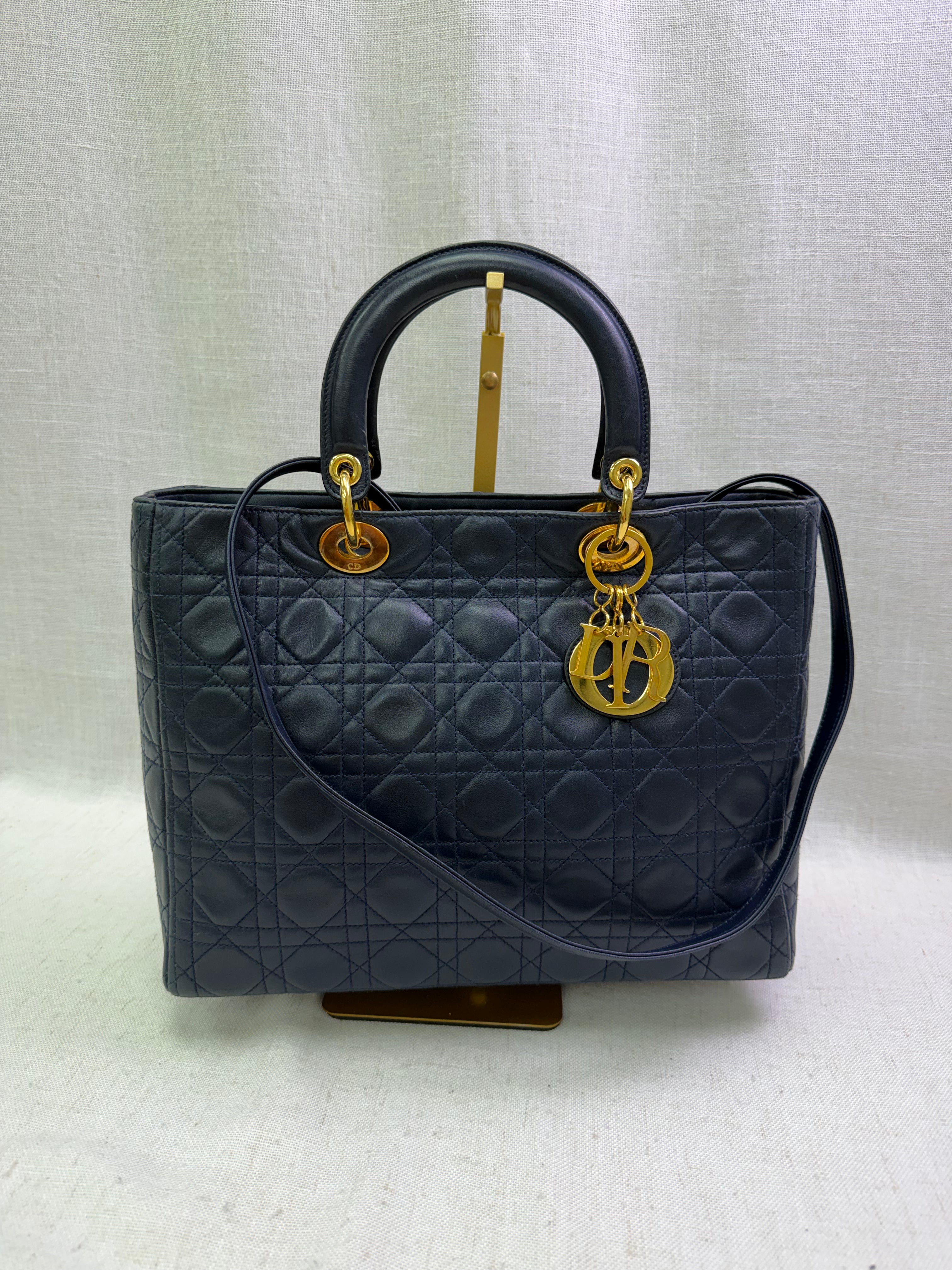Christian Dior Vintage Navy Blue Cannage Leather Large Lady Dior