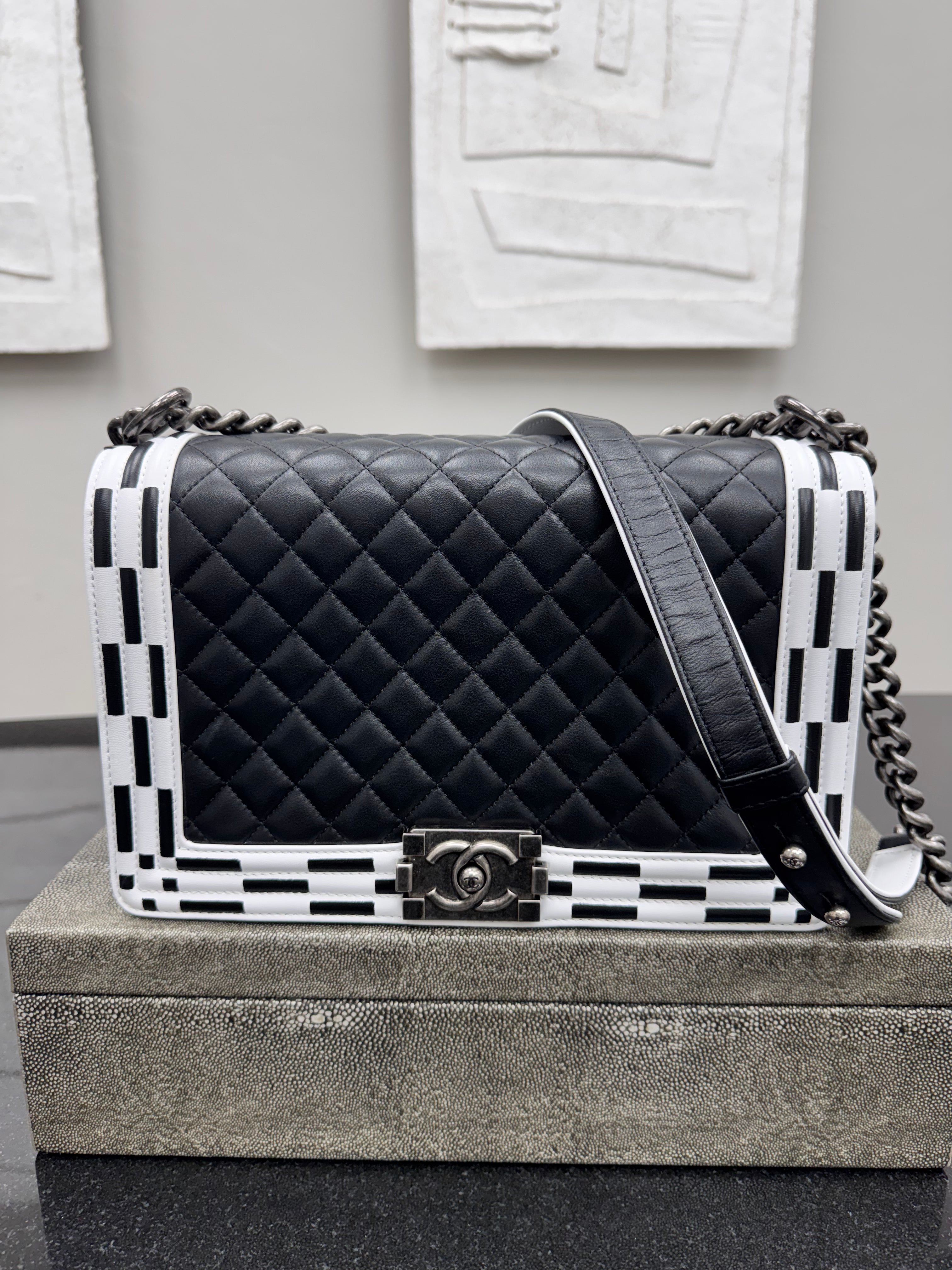 Chanel Black Diamond Quilted Leather Checkerboard Trim Medium Boy Bag