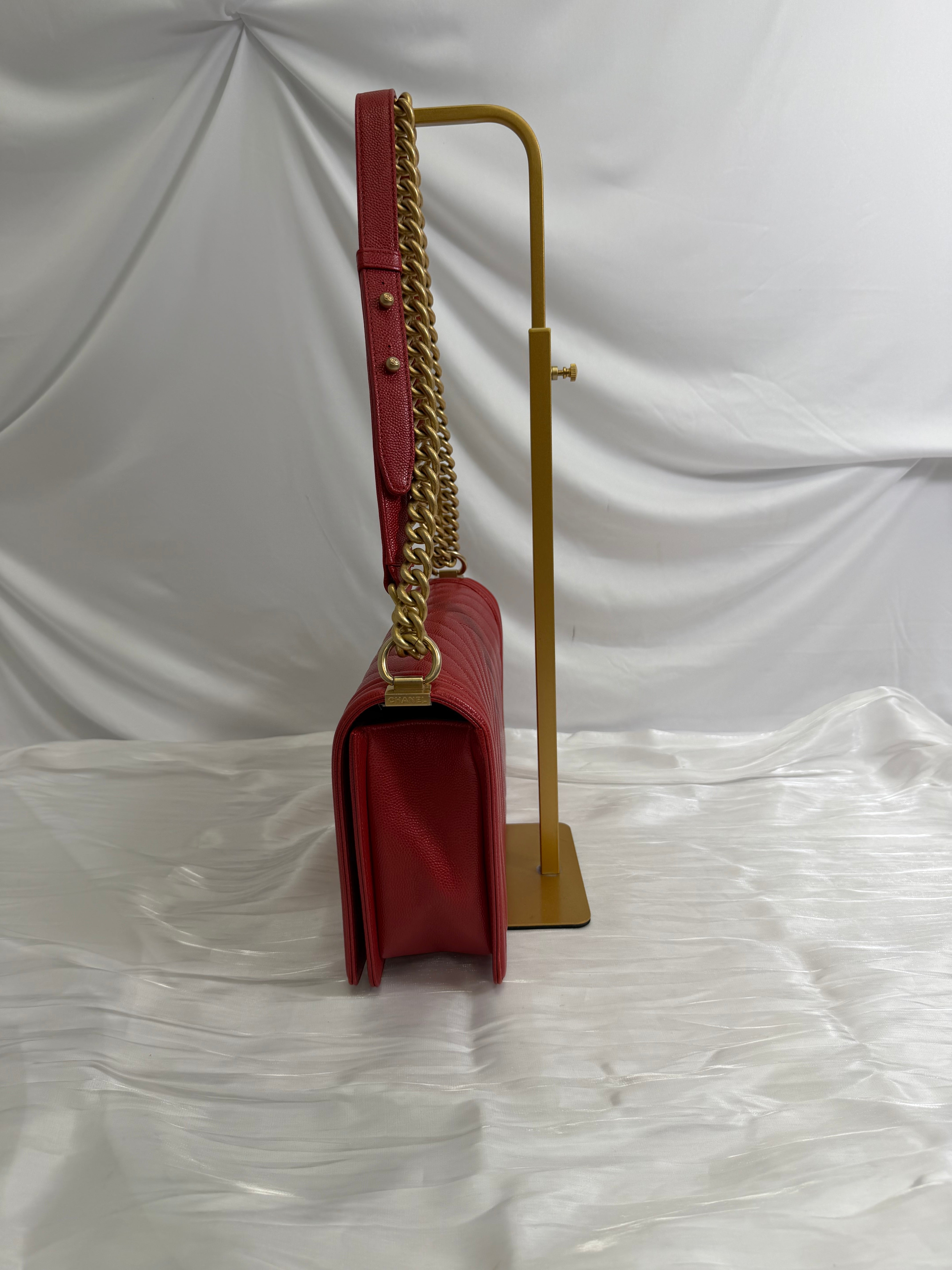 Chanel Red Chevron Quilted Caviar Medium Boy Bag