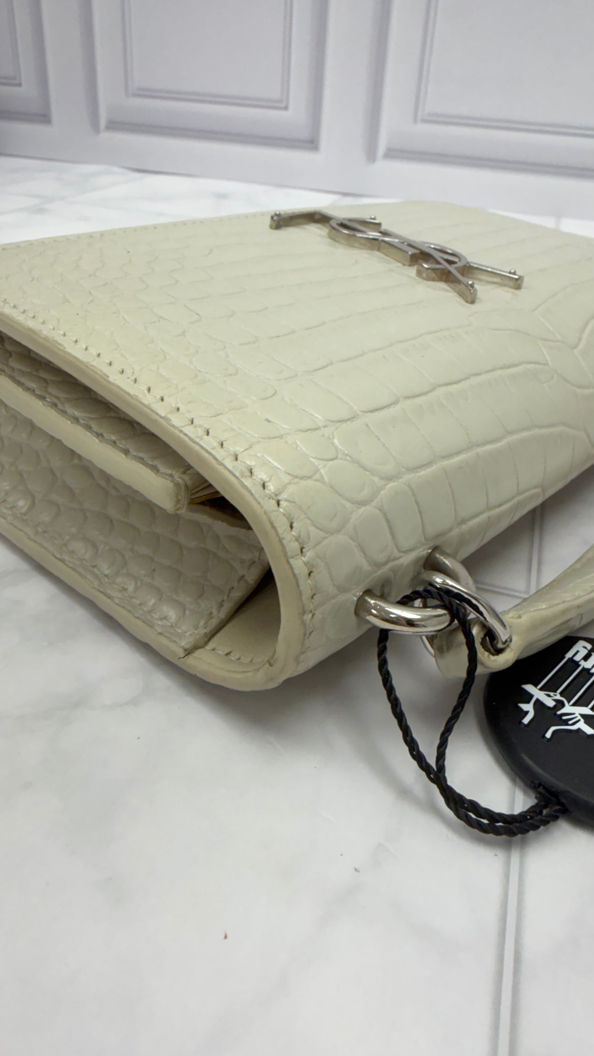 Saint Laurent YSL Beige Croc Embossed Leather Sunset Wallet on a Chain
