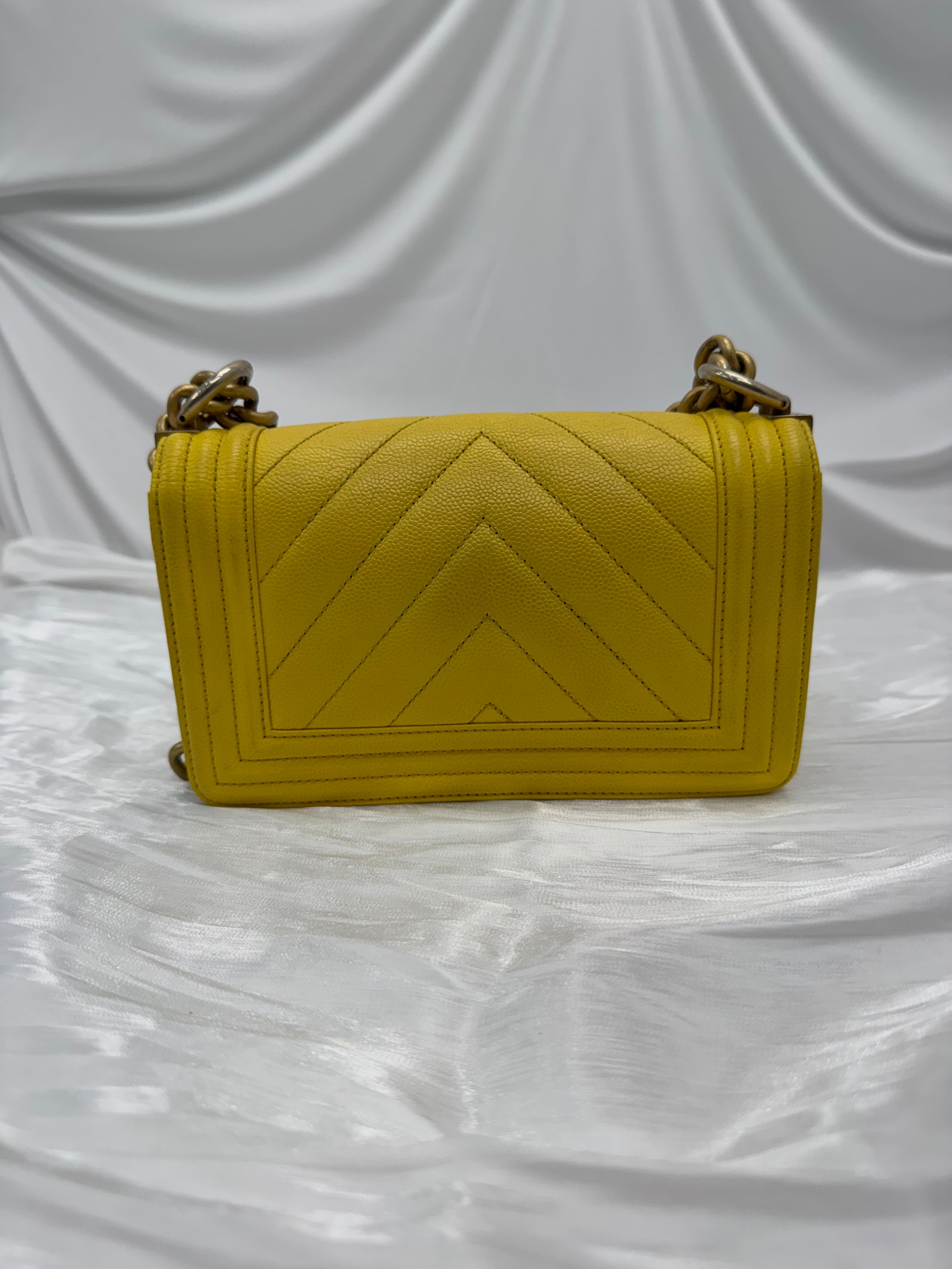 Chanel Yellow Chevron Caviar Leather Small Boy Flap Bag