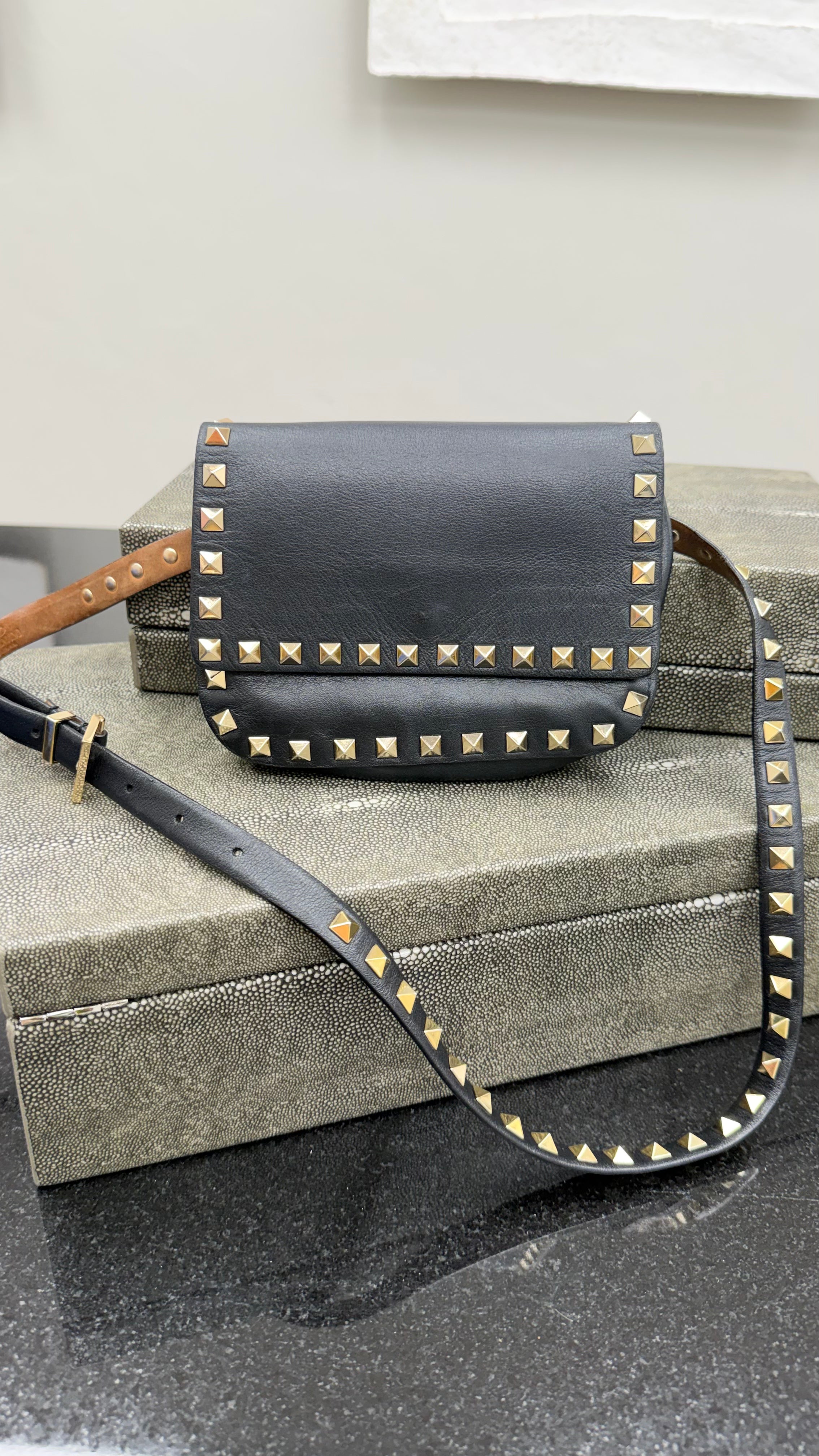 Valentino Black Leather Rockstud Belt Bag