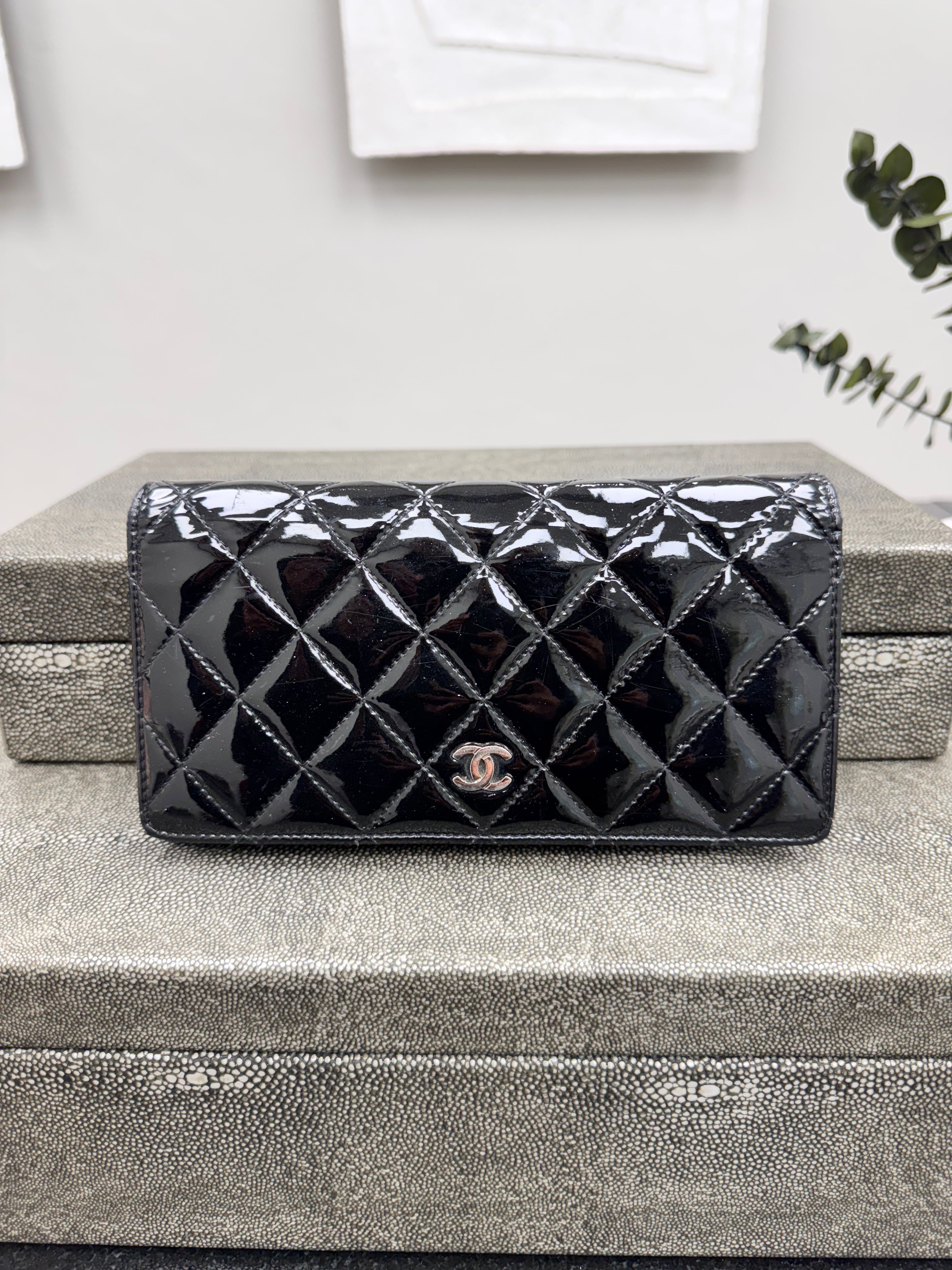 Chanel Black Quilted Patent Leather Long Wallet