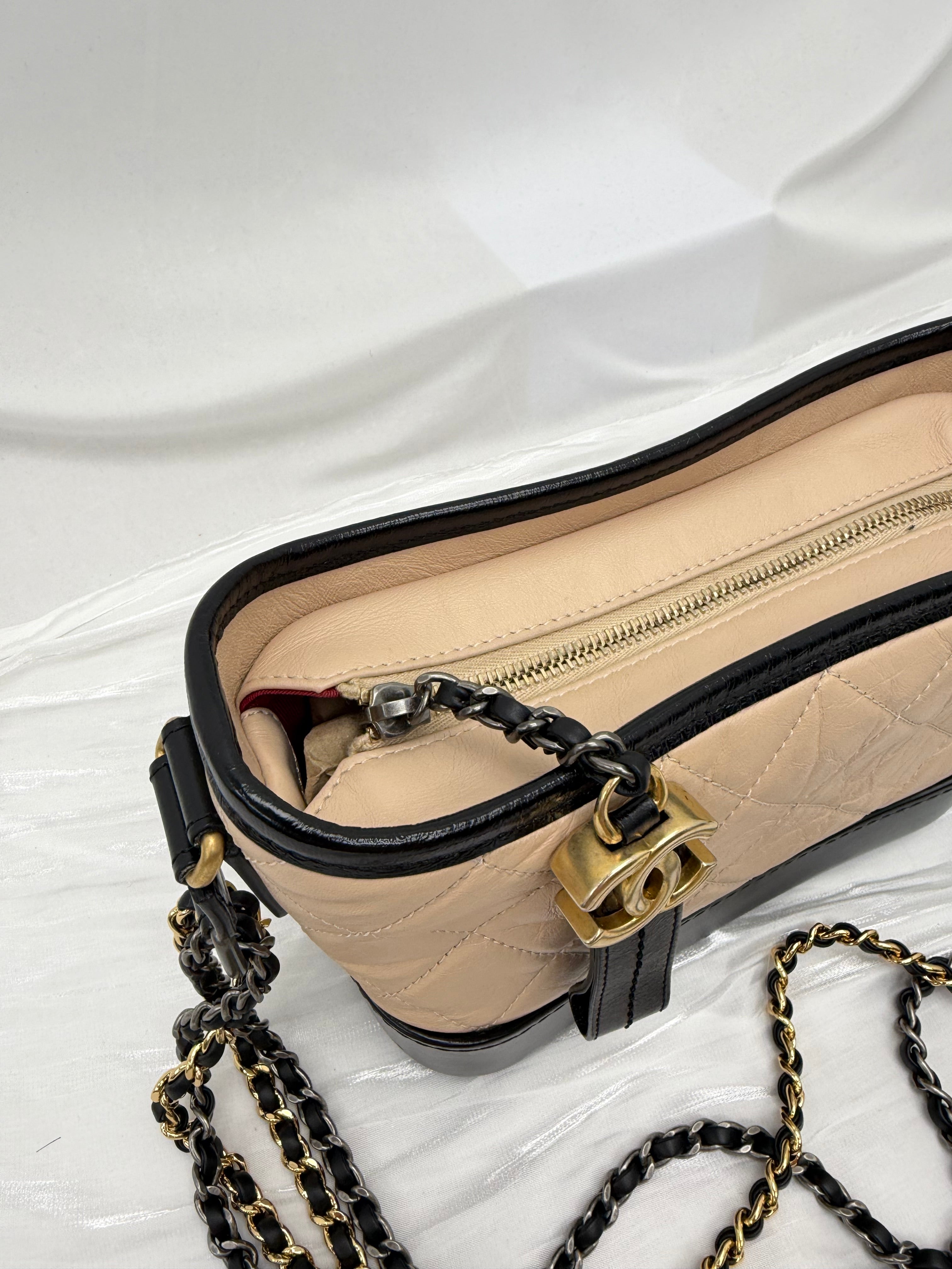 Chanel Beige & Black Aged Quilted Calfskin Small Gabrielle Hobo Bag