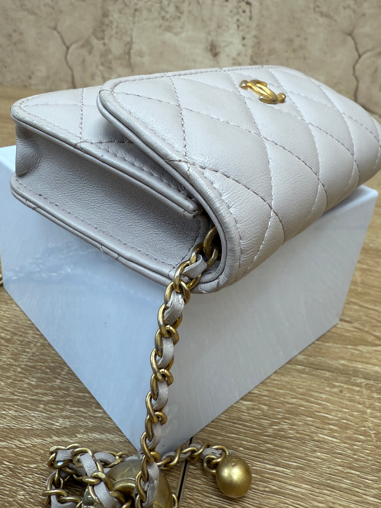 Chanel Taupe Quilted Calfskin Mini Pearl Crush Flap Clutch with Chain