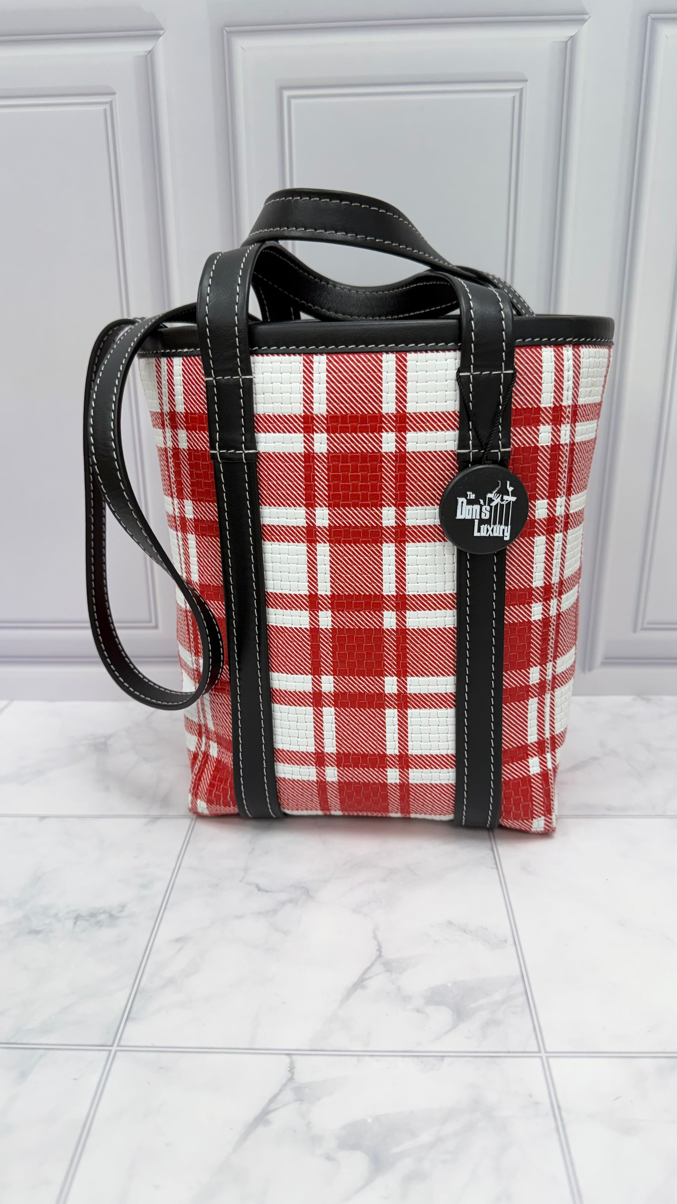 LIKE NEW- Balenciaga Red & White Plaid Leather Small Shopper Tote