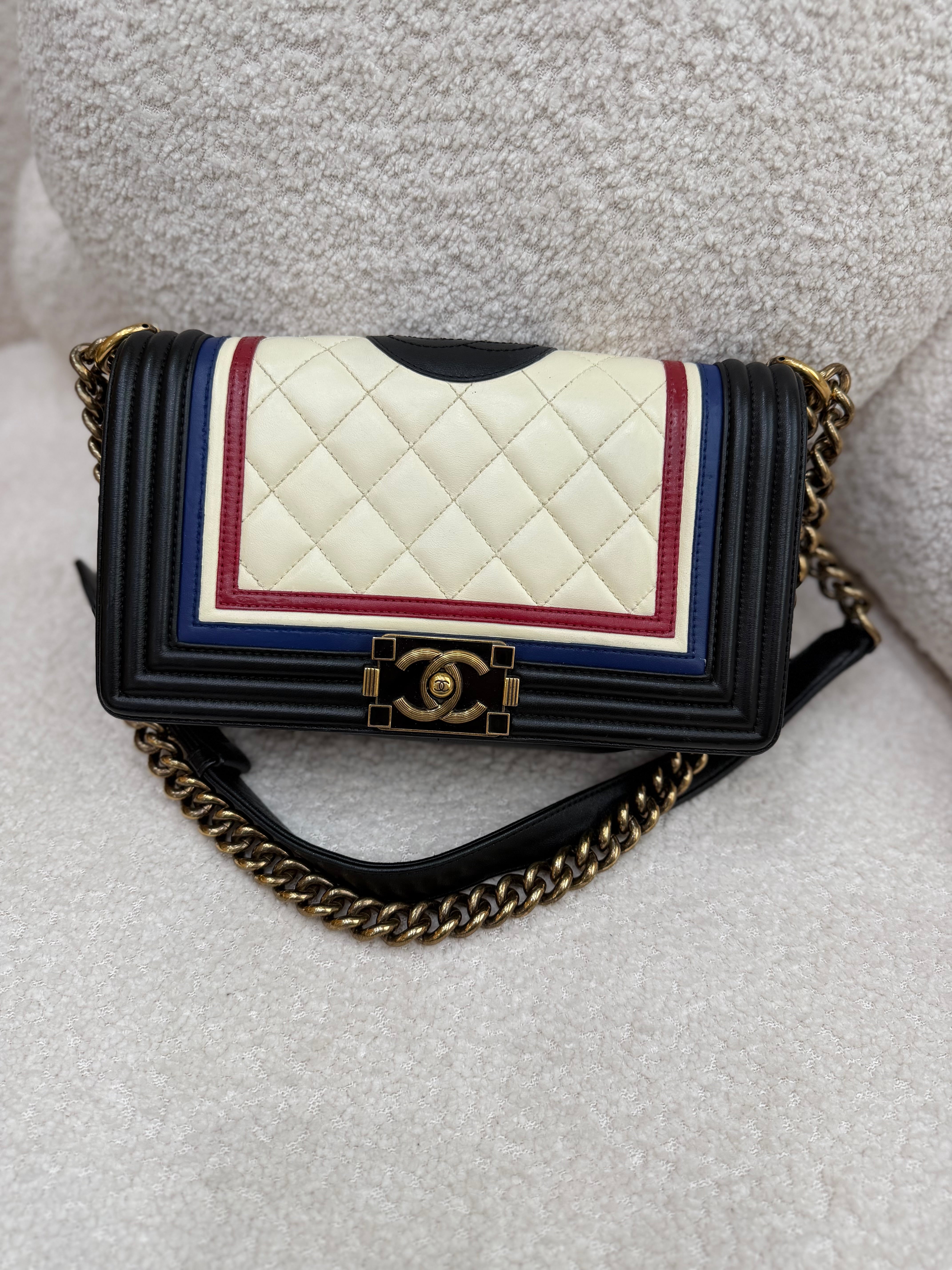 Chanel Quilted Calfskin Crest Embellished Medium Boy Bag