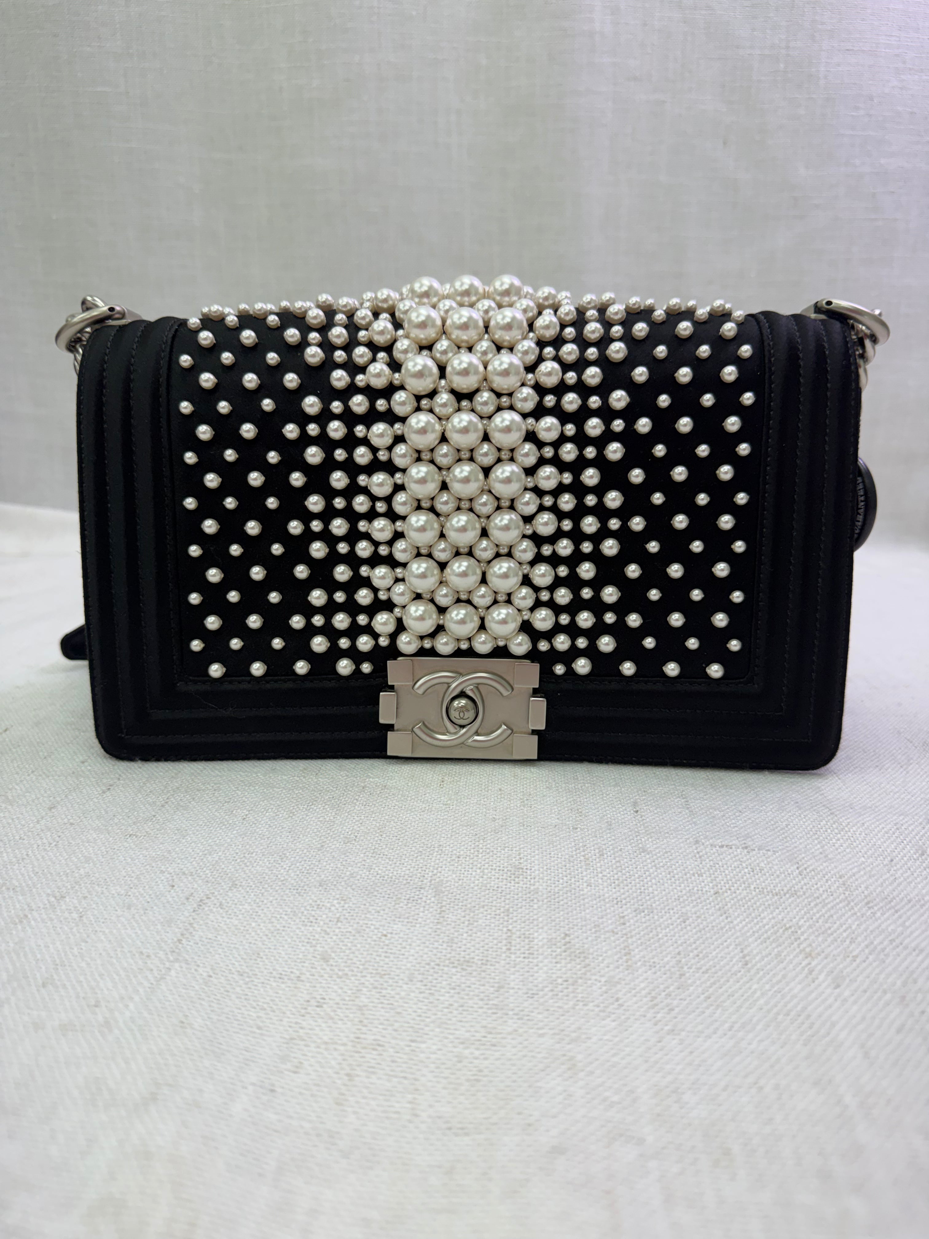 Chanel Faux Pearl Embellished & Black Satin Medium Boy Flap Bag