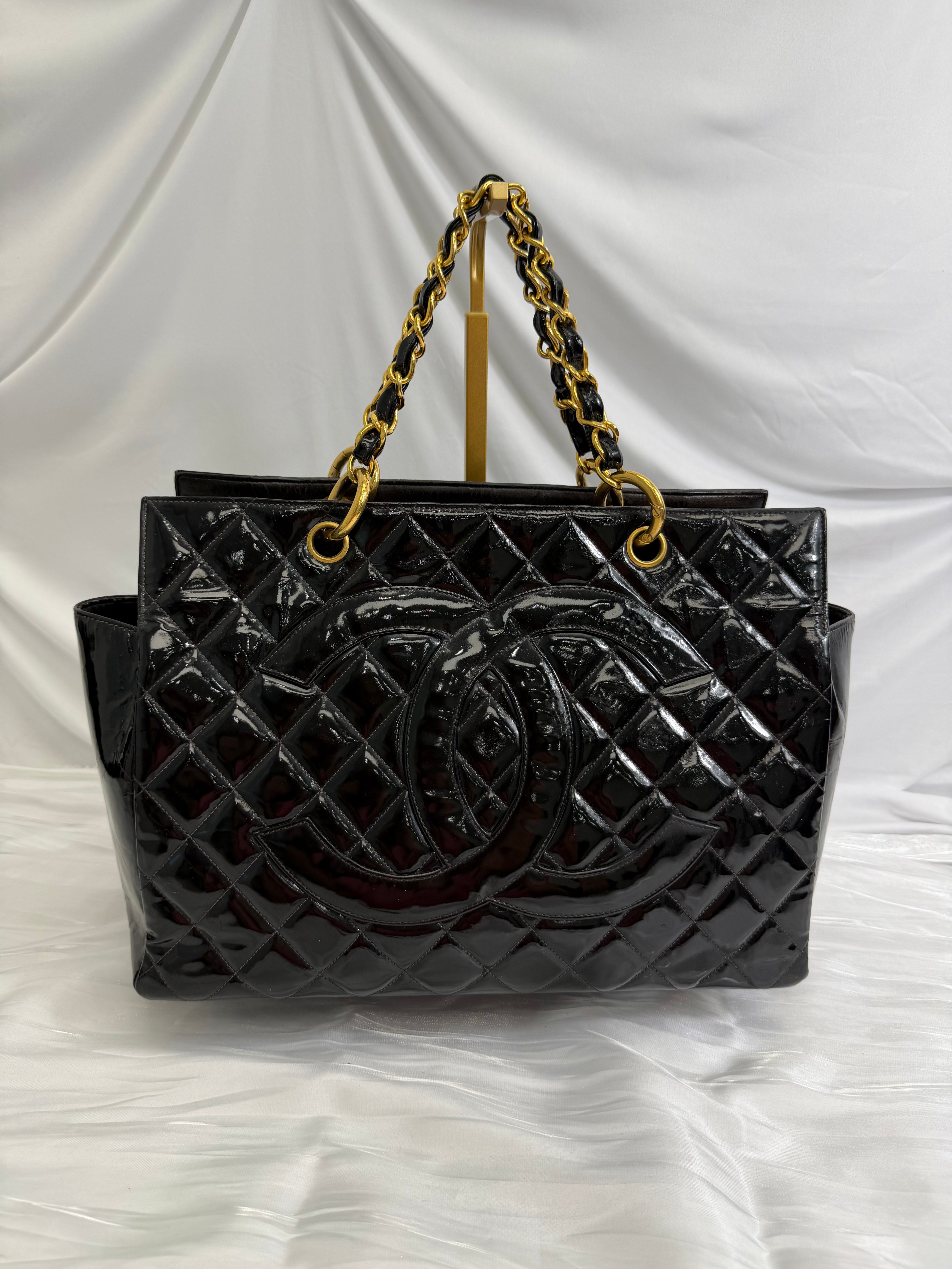Chanel Black Quilted Patent Leather Grand Shopping Tote