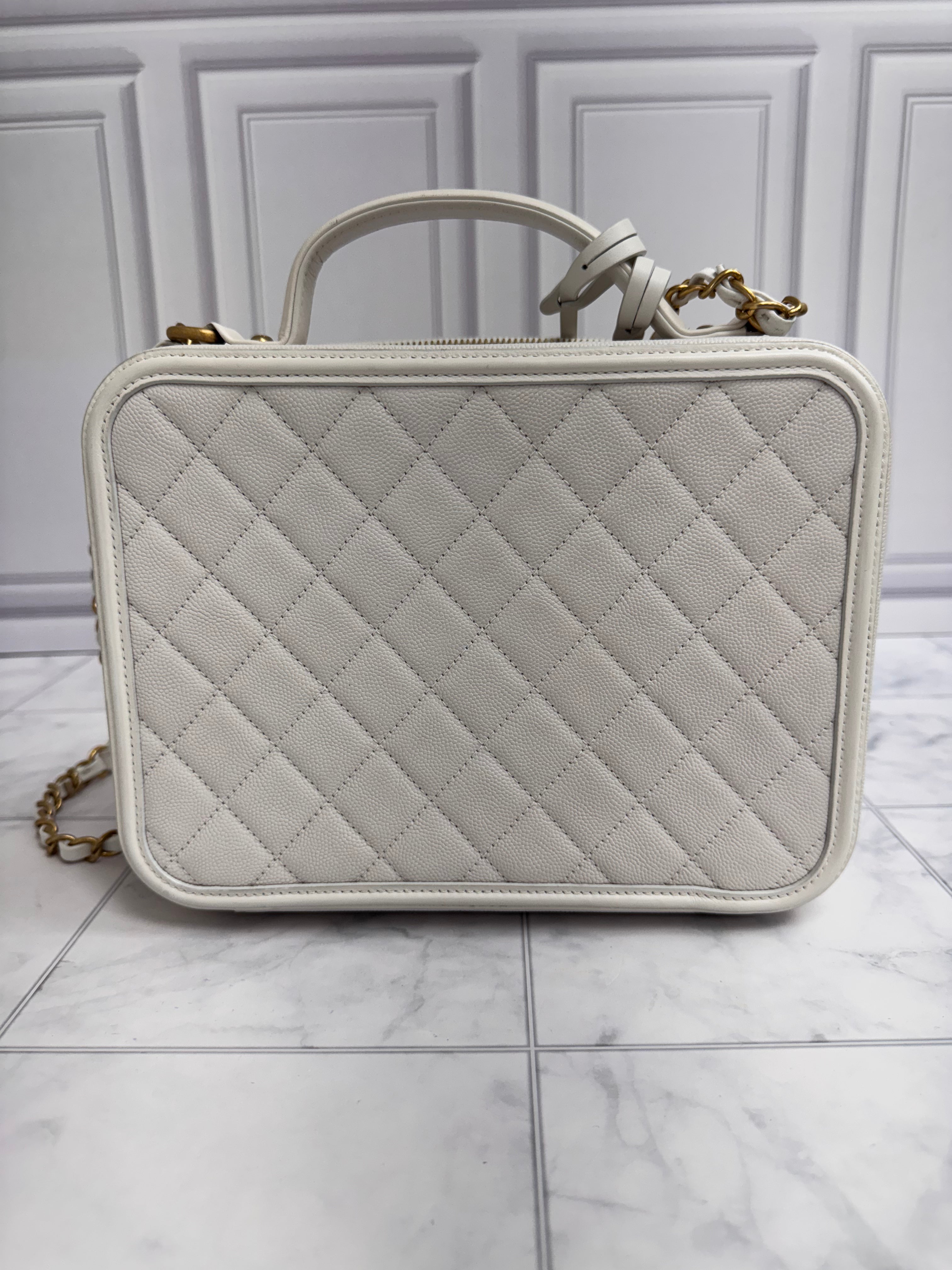 LIKE NEW - Chanel White Diamond Quilted Caviar Leather Large Filigree Vanity Case