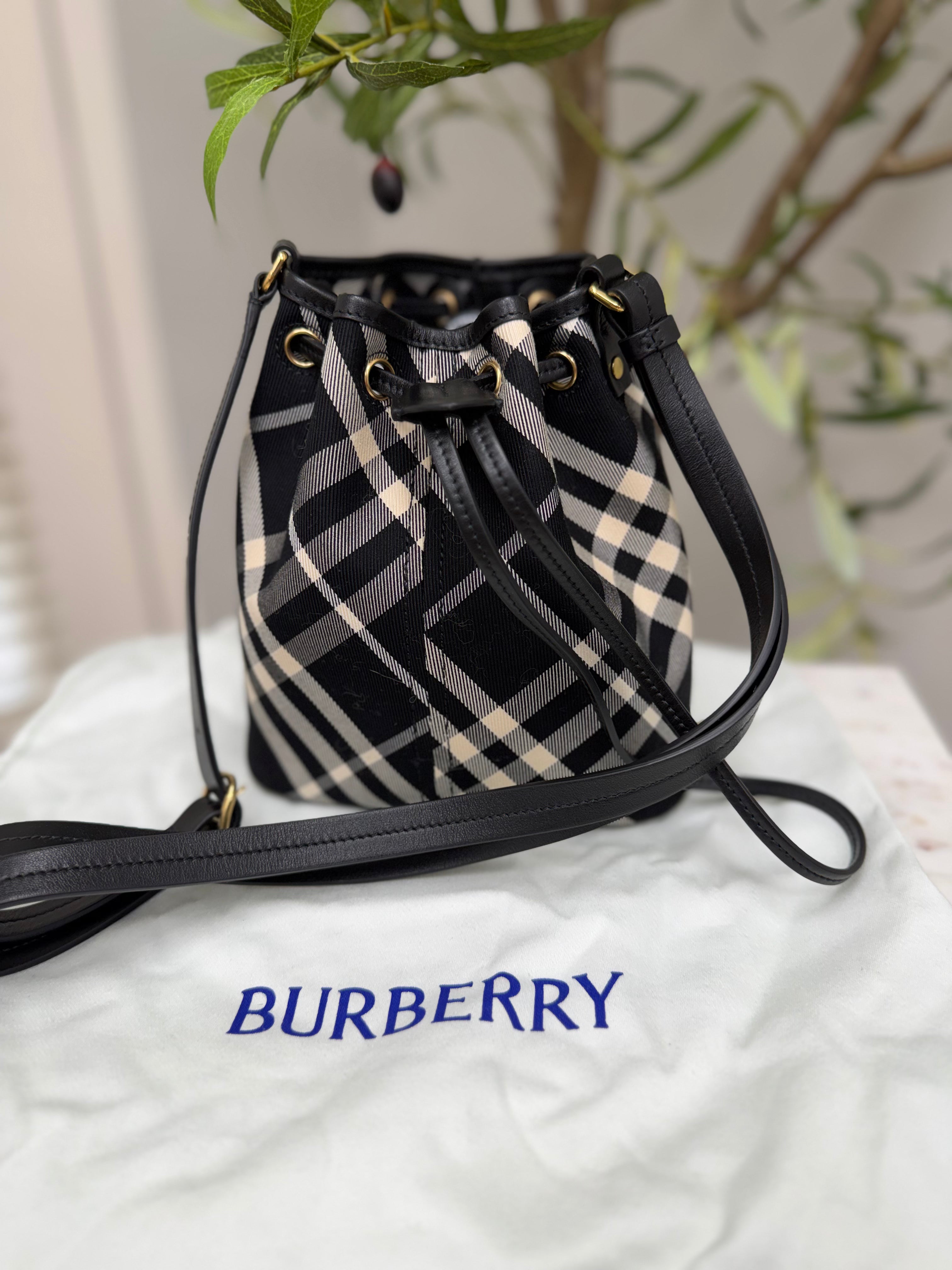 LIKE NEW Burberry Black & White Check Canvas Bucket Bag