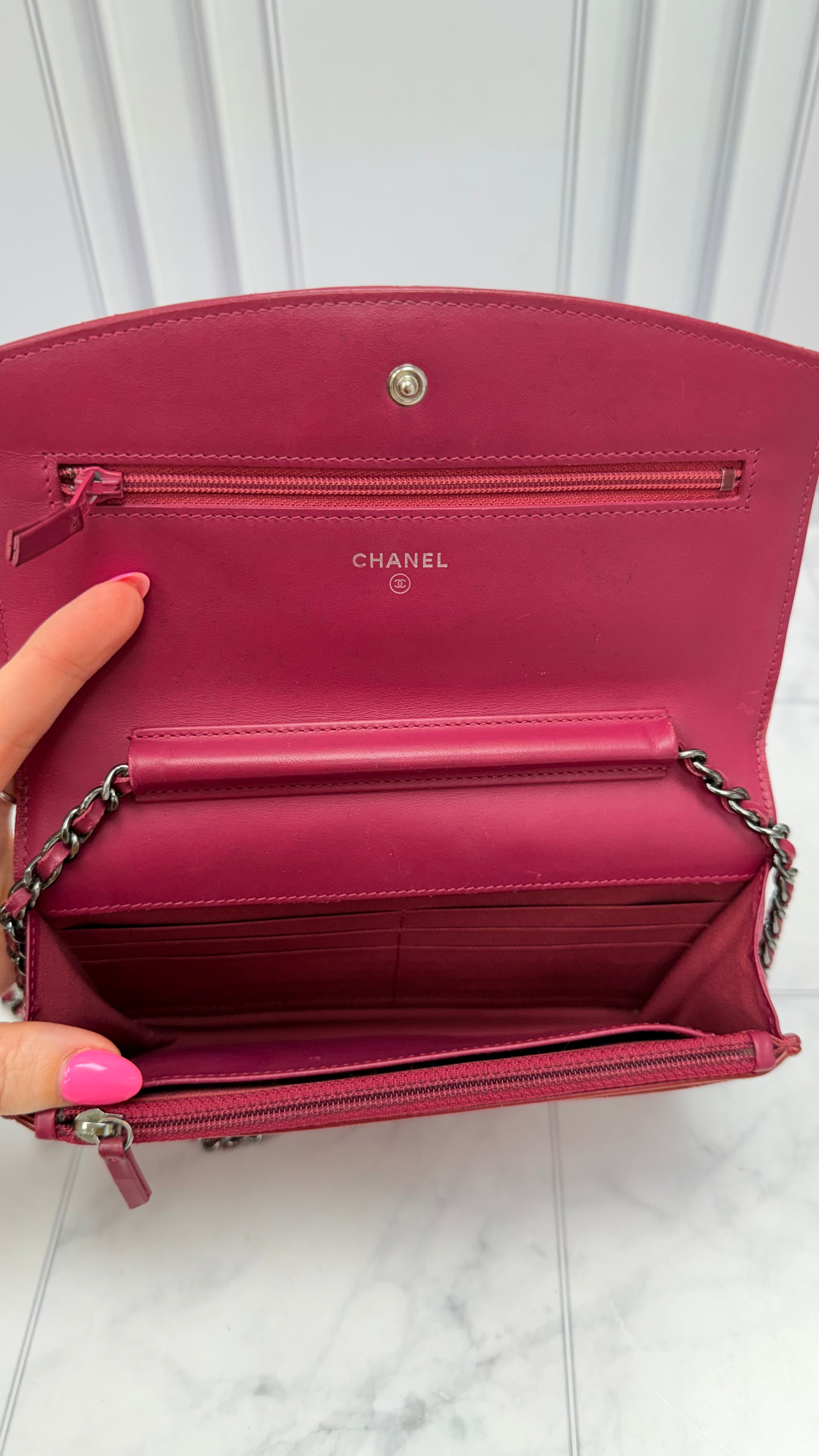 Chanel Rose Red Quilted Patent Leather Wallet on a Chain