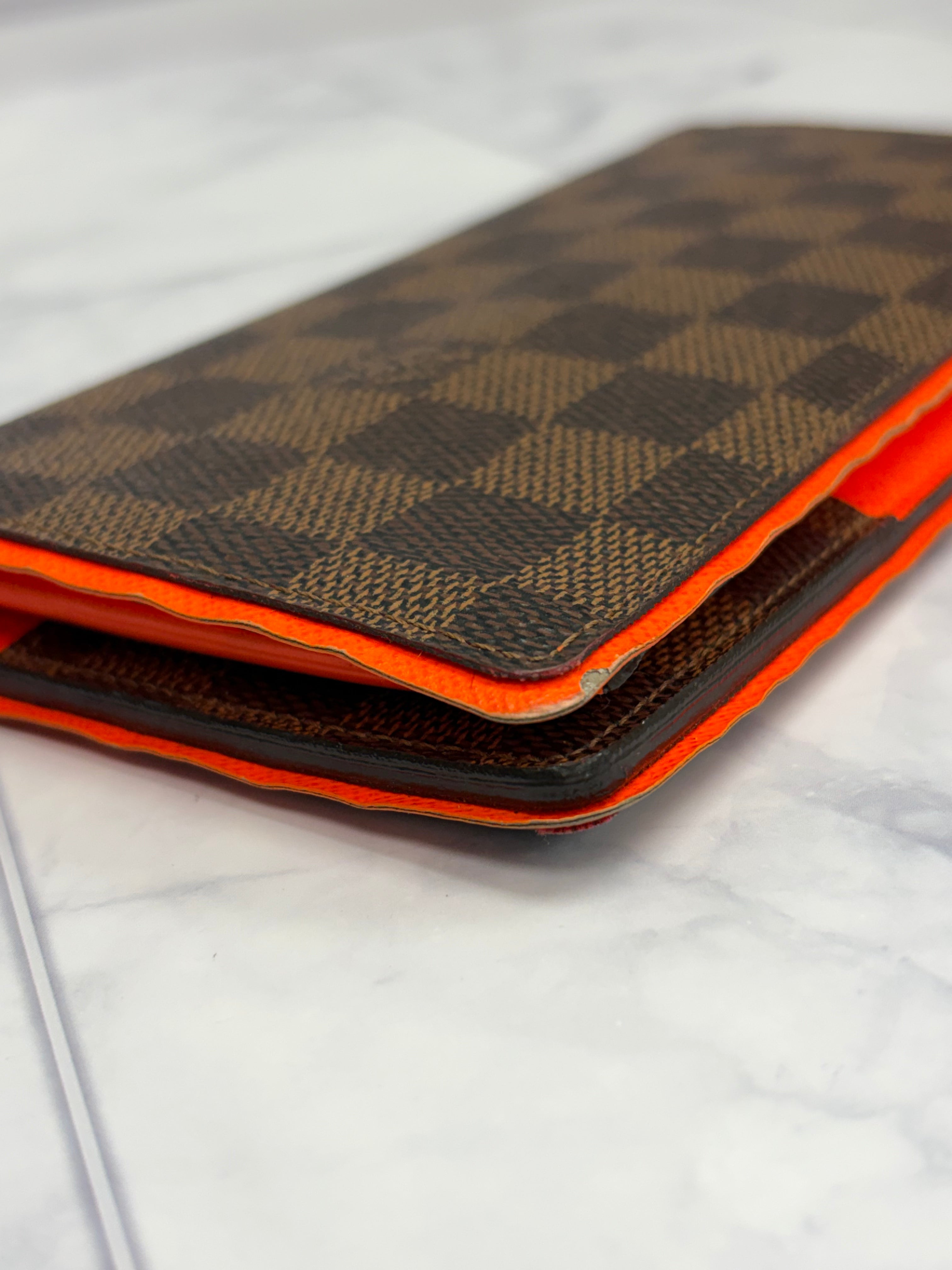 Louis Vuitton Damier Ebene & Neon Orange Brazza Wallet
