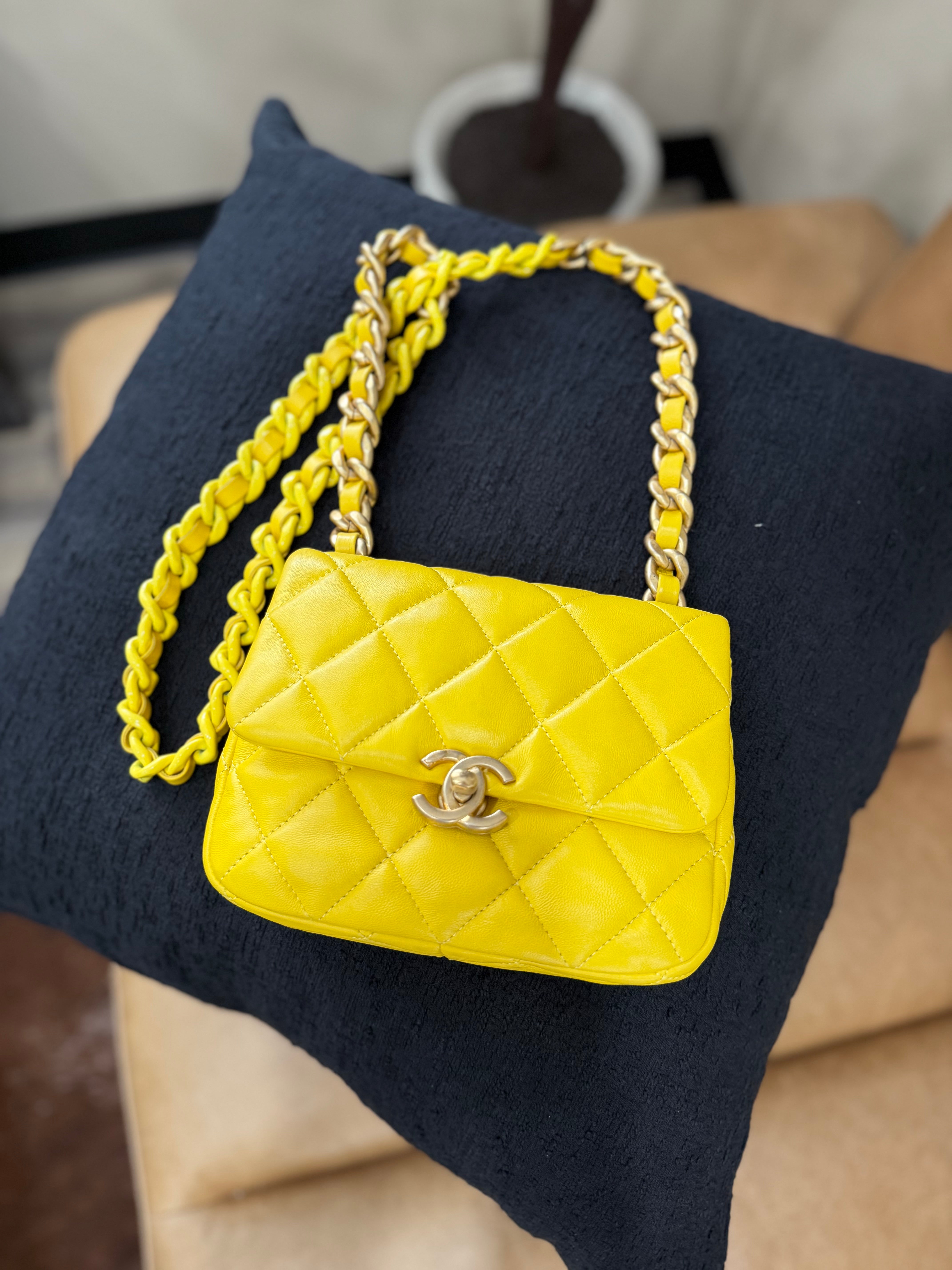 Chanel Yellow Quilted Lambskin Mini Lacquered Chain Flap