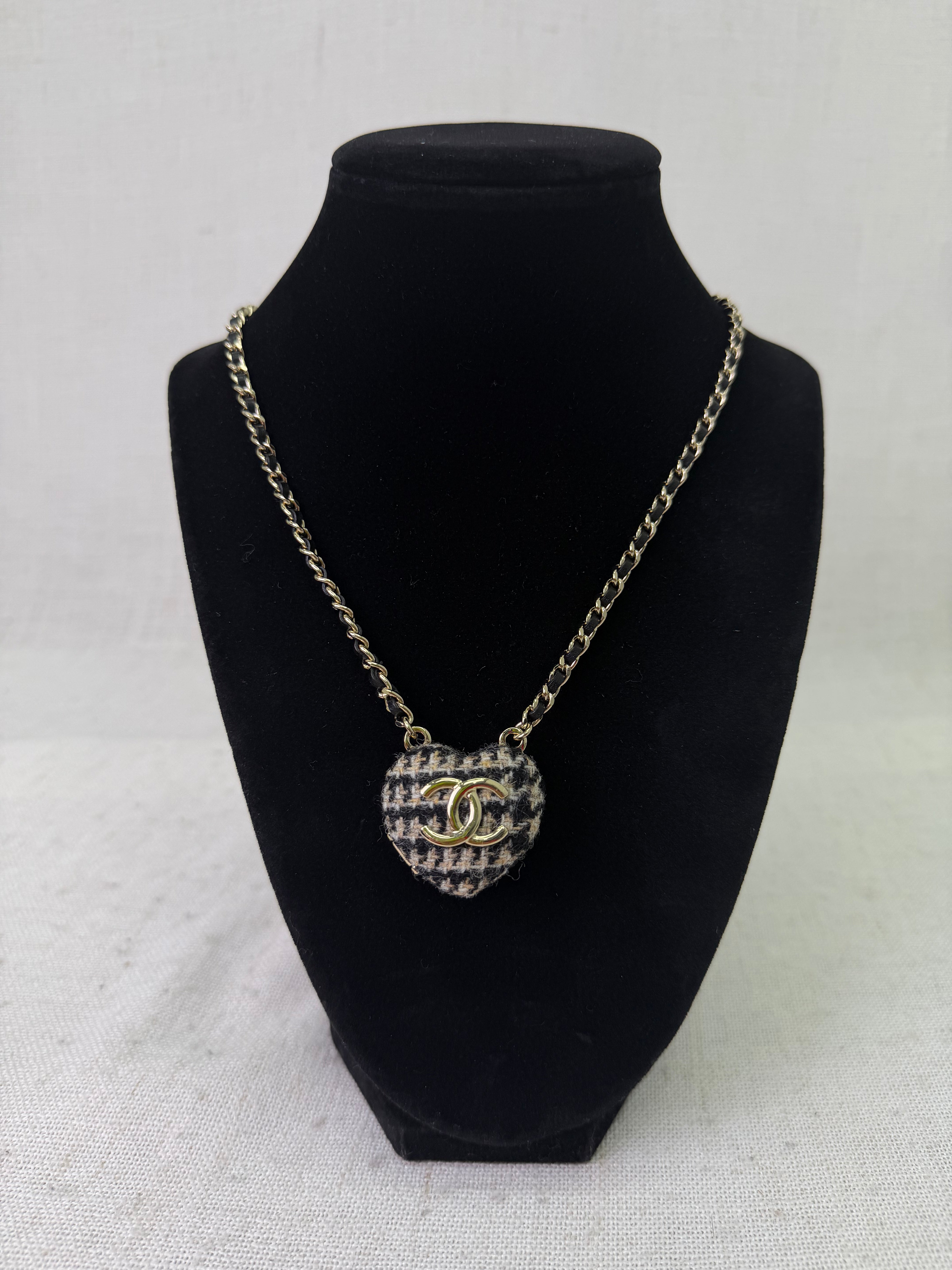 Chanel Black Leather & Tweed Gold Tone Mirror Locket Necklace