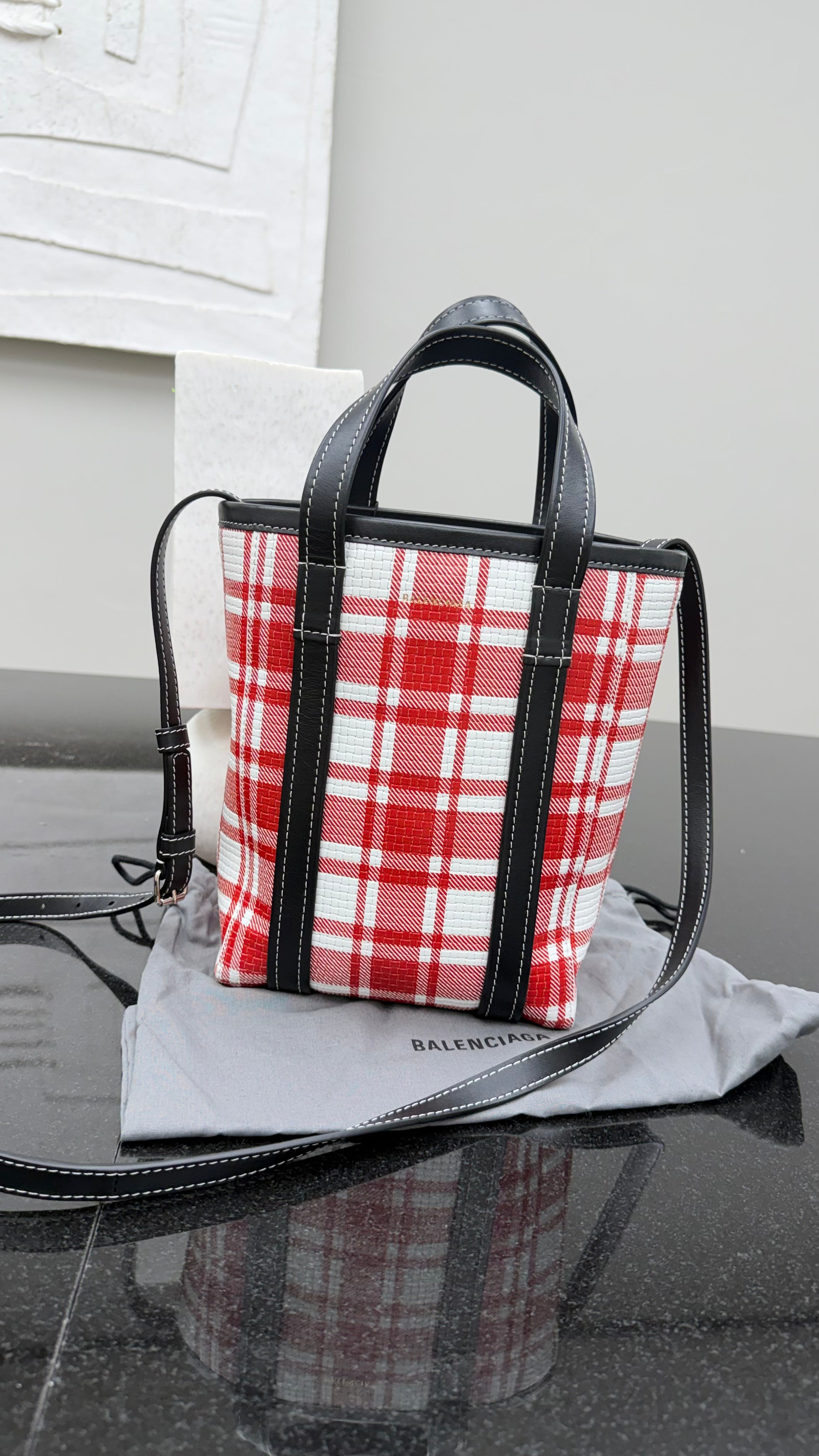 LIKE NEW- Balenciaga Red & White Plaid Leather Small Shopper Tote