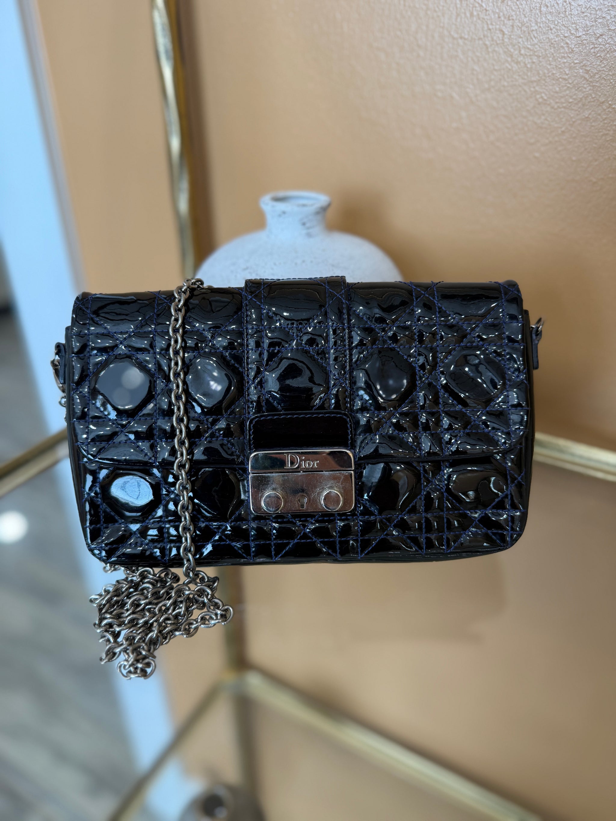 Christian Dior Navy Patent Leather Cannage Chain Crossbody Bag