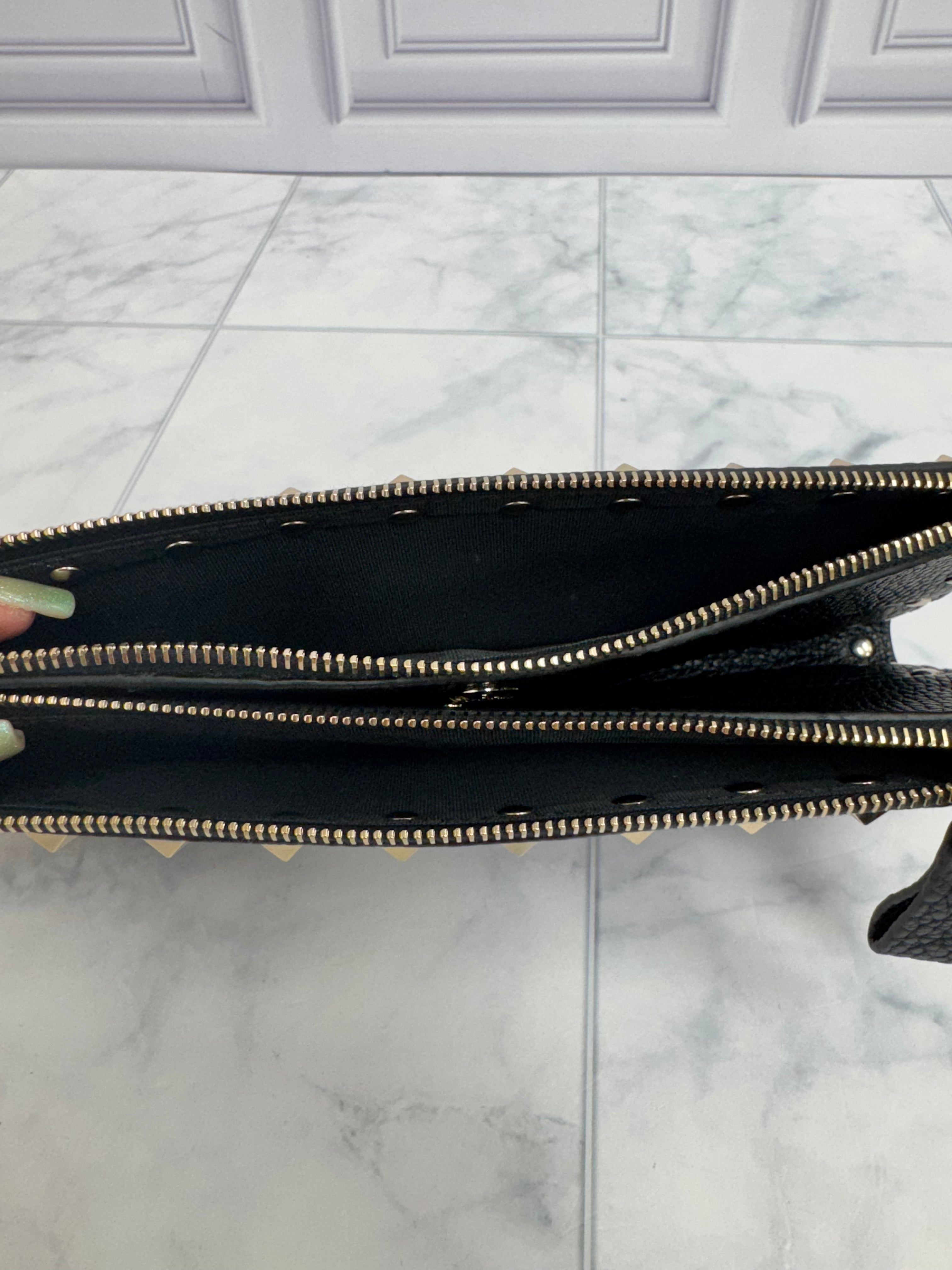 Valentino Black Pebbled Leather Rockstud Double Zip Wallet