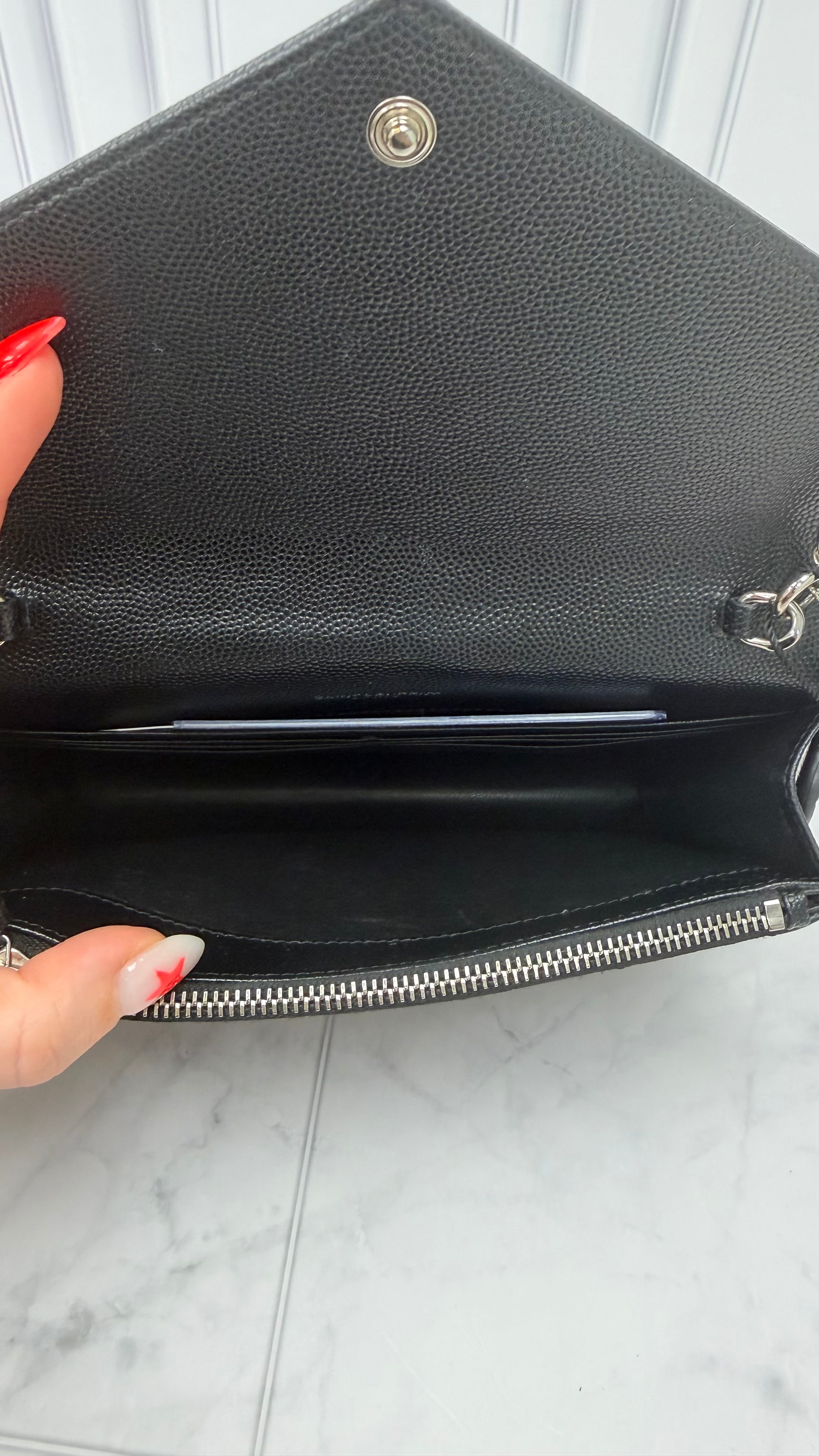 *DON DROP* Saint Laurent YSL Black Pebbled Leather Cassandre Envelope Wallet on a Chain