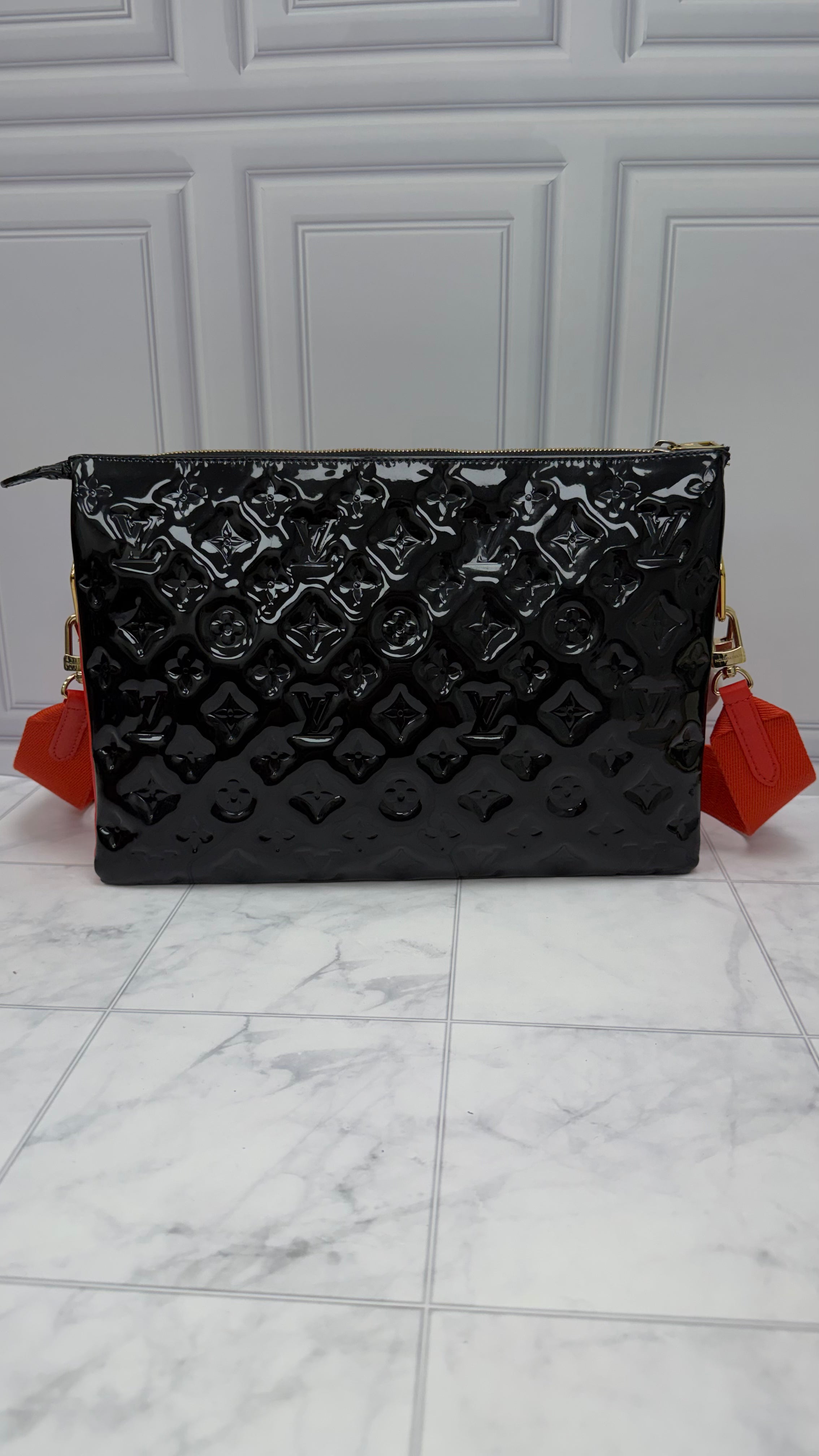 Louis Vuitton Black Patent Leather & Red Lambskin Coussin MM