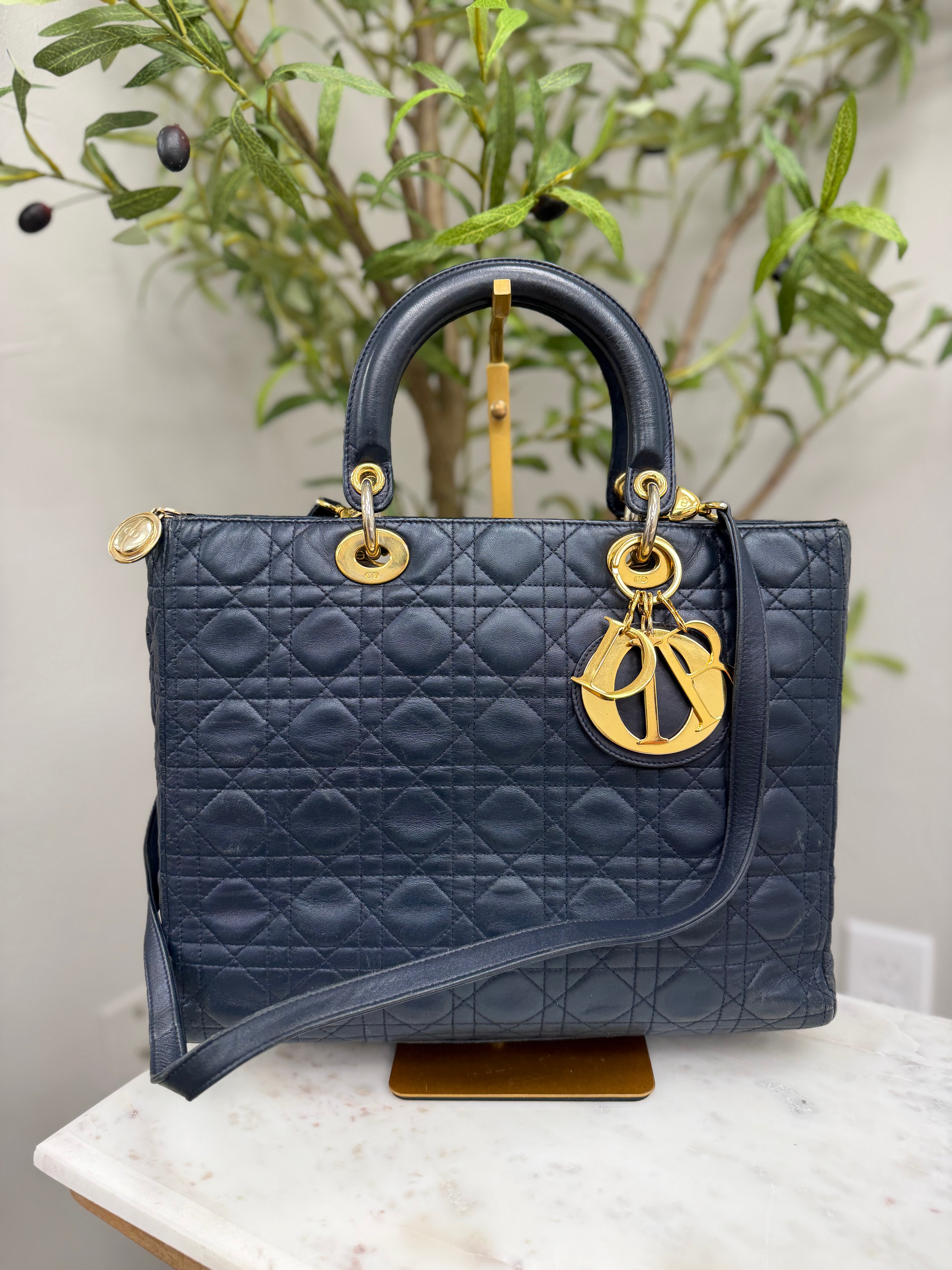 Christian Dior Vintage Navy Blue Cannage Lambskin Large Lady Dior