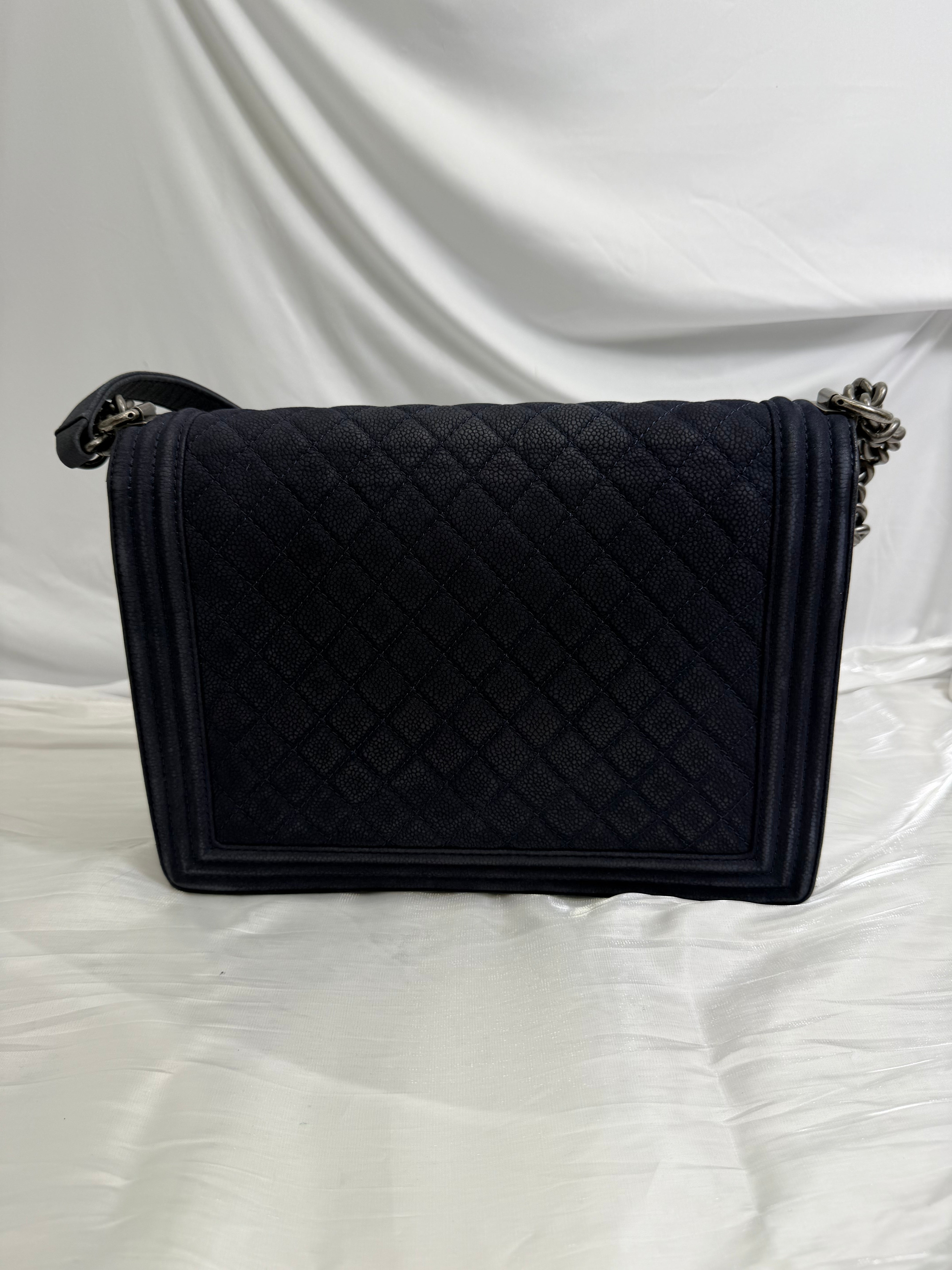 Chanel Navy Quilted Caviar Large Boy Bag