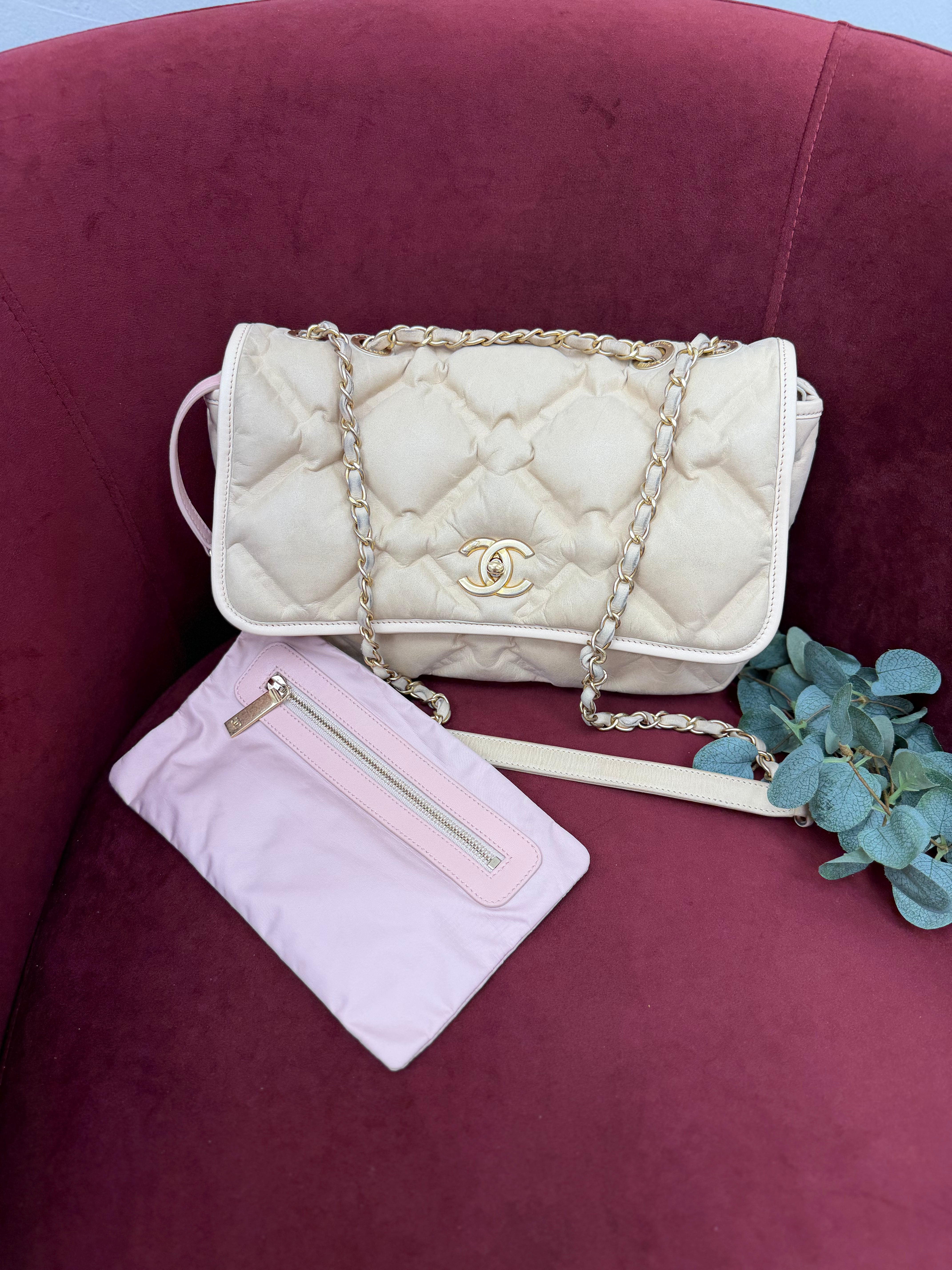 Chanel Beige Iridescent Calfskin Quilted Medium Chesterfield Flap Bag