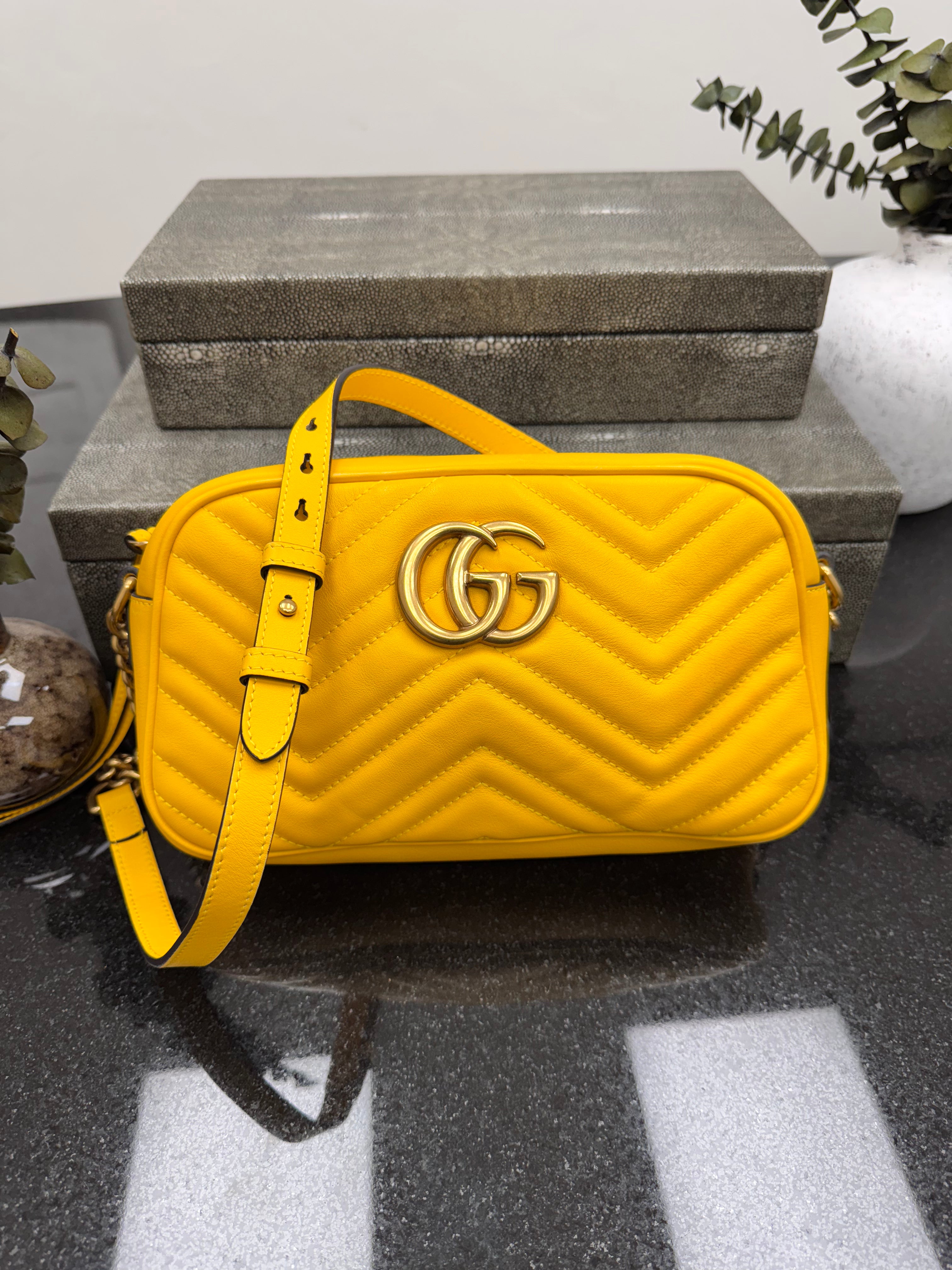 LIKE NEW - Gucci Yellow Chevron Quilted Leather GG Marmont Small Camera Crossbody Bag