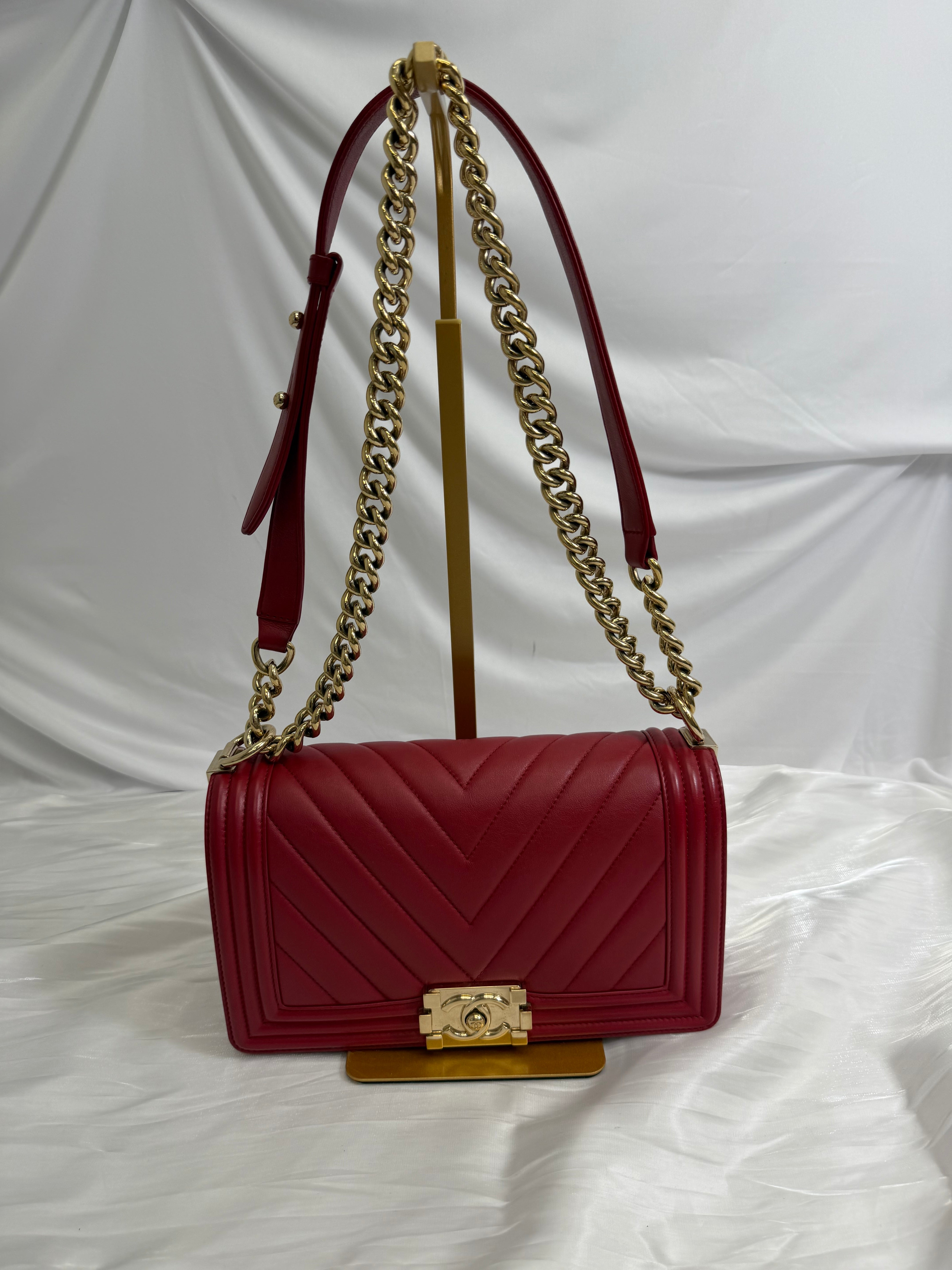 Chanel Red Chevron Quilted Calfskin Medium Boy Bag