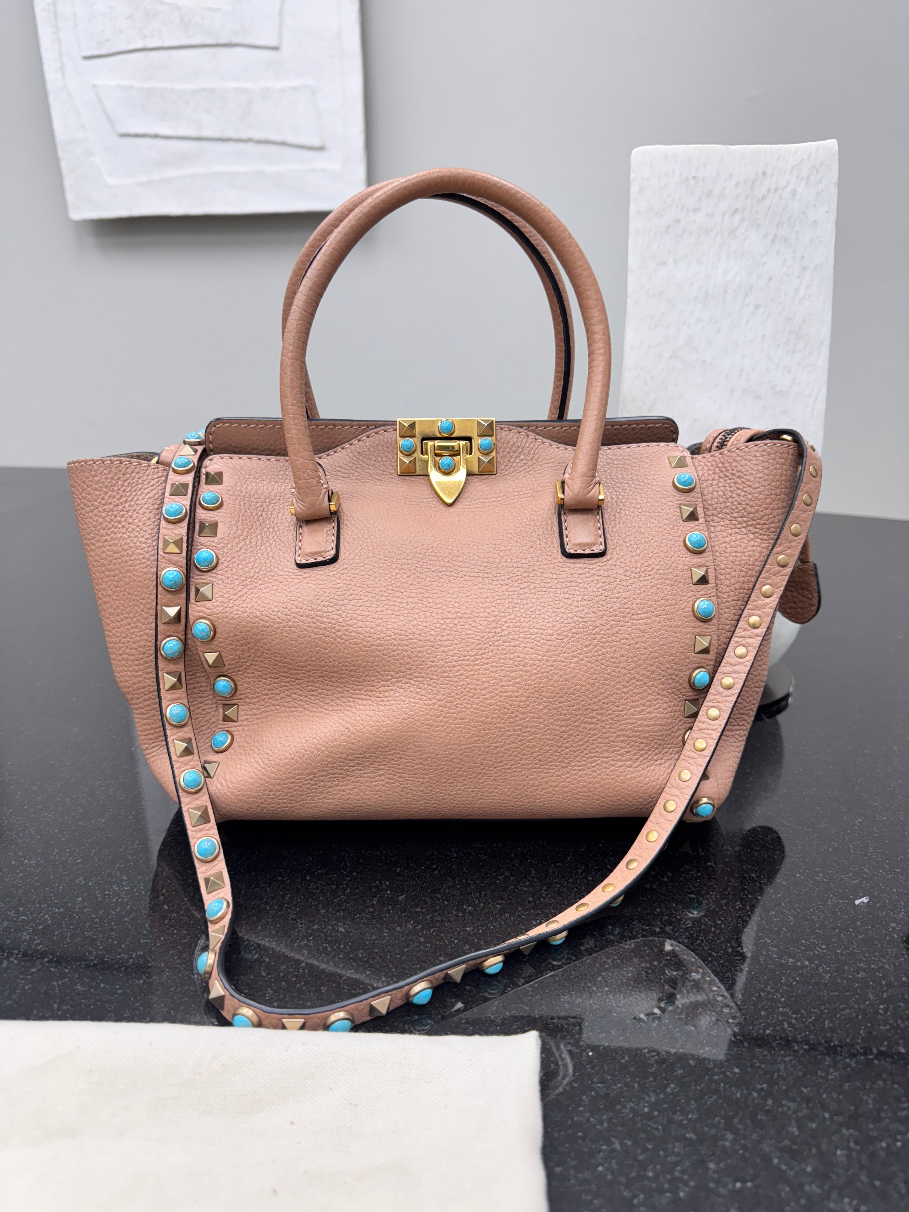 Valentino Dusty Rose Grained Leather Rockstud Rolling Tote Bag