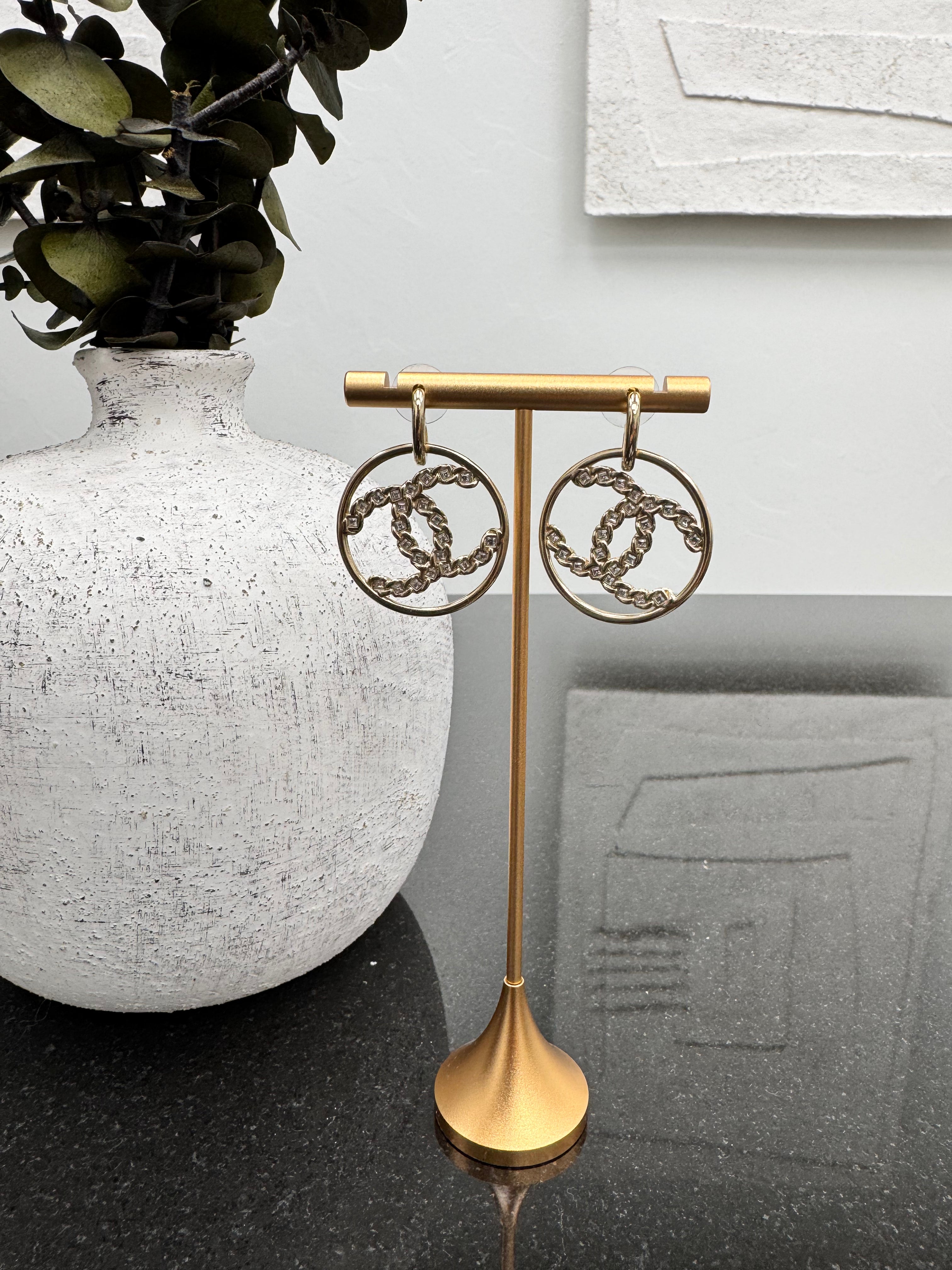Chanel Gold Tone Crystal High Society CC Dangle Hoop Earrings