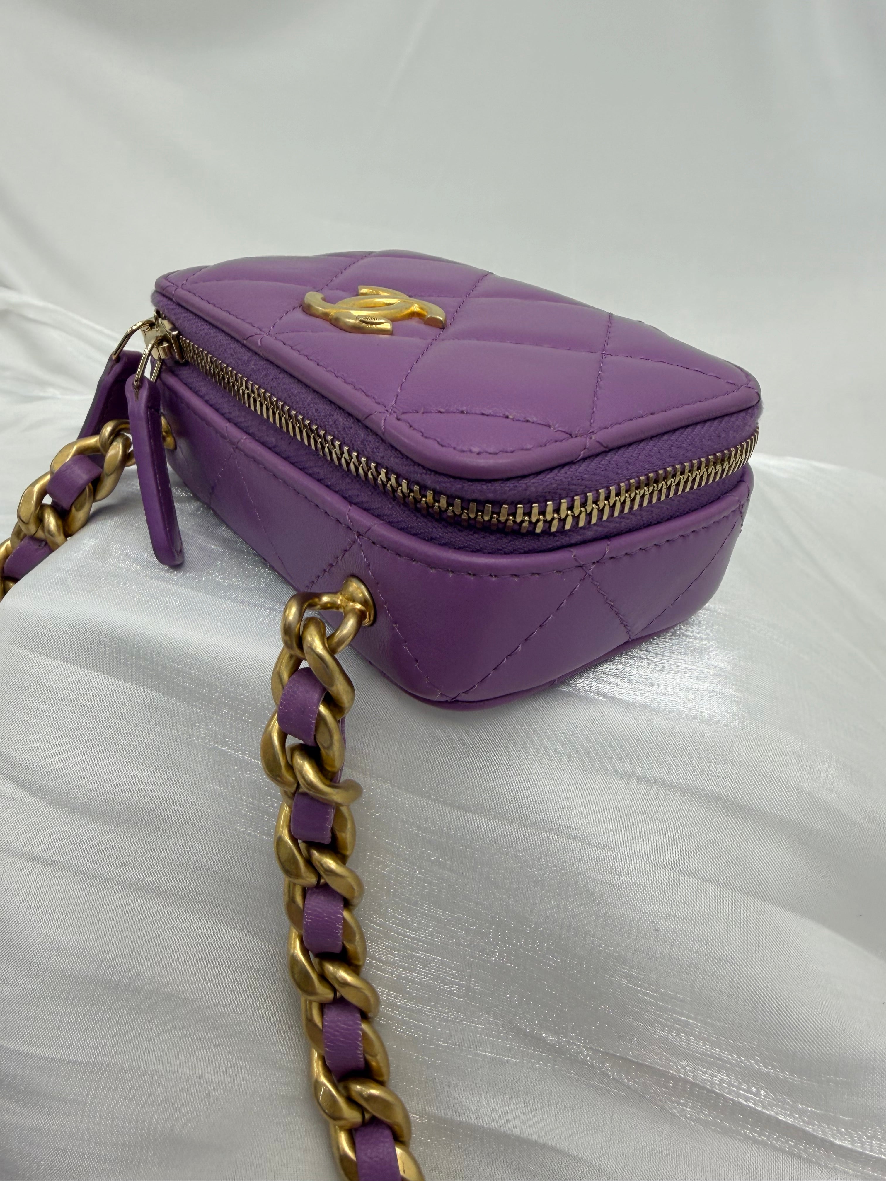 Like New- Chanel Purple Quilted Lambskin Mini CC Zip Around Card Holder on a Chain