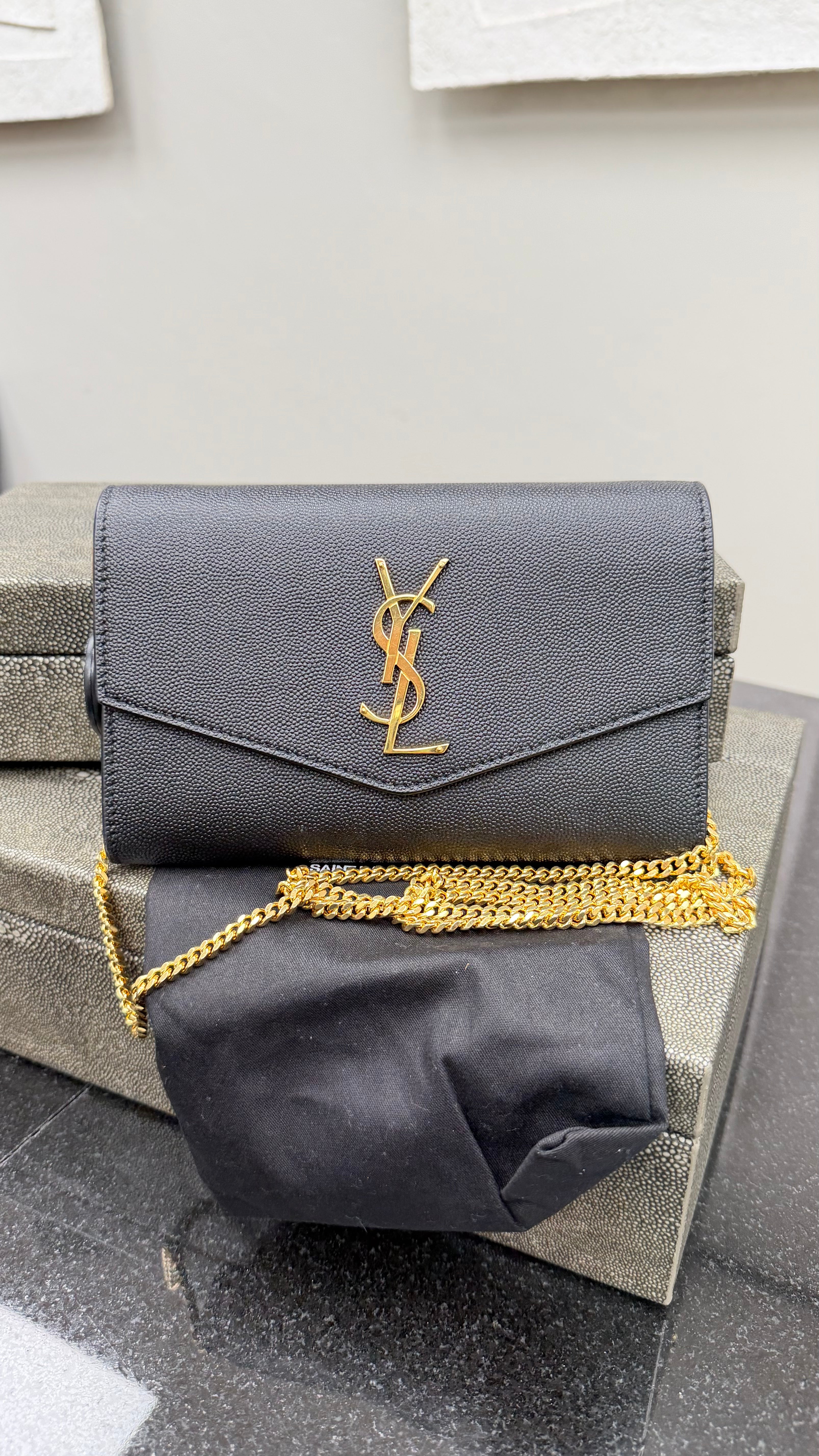 *DONS DROP* Saint Laurent YSL Black Pebbled Leather Envelope Wallet on a Chain