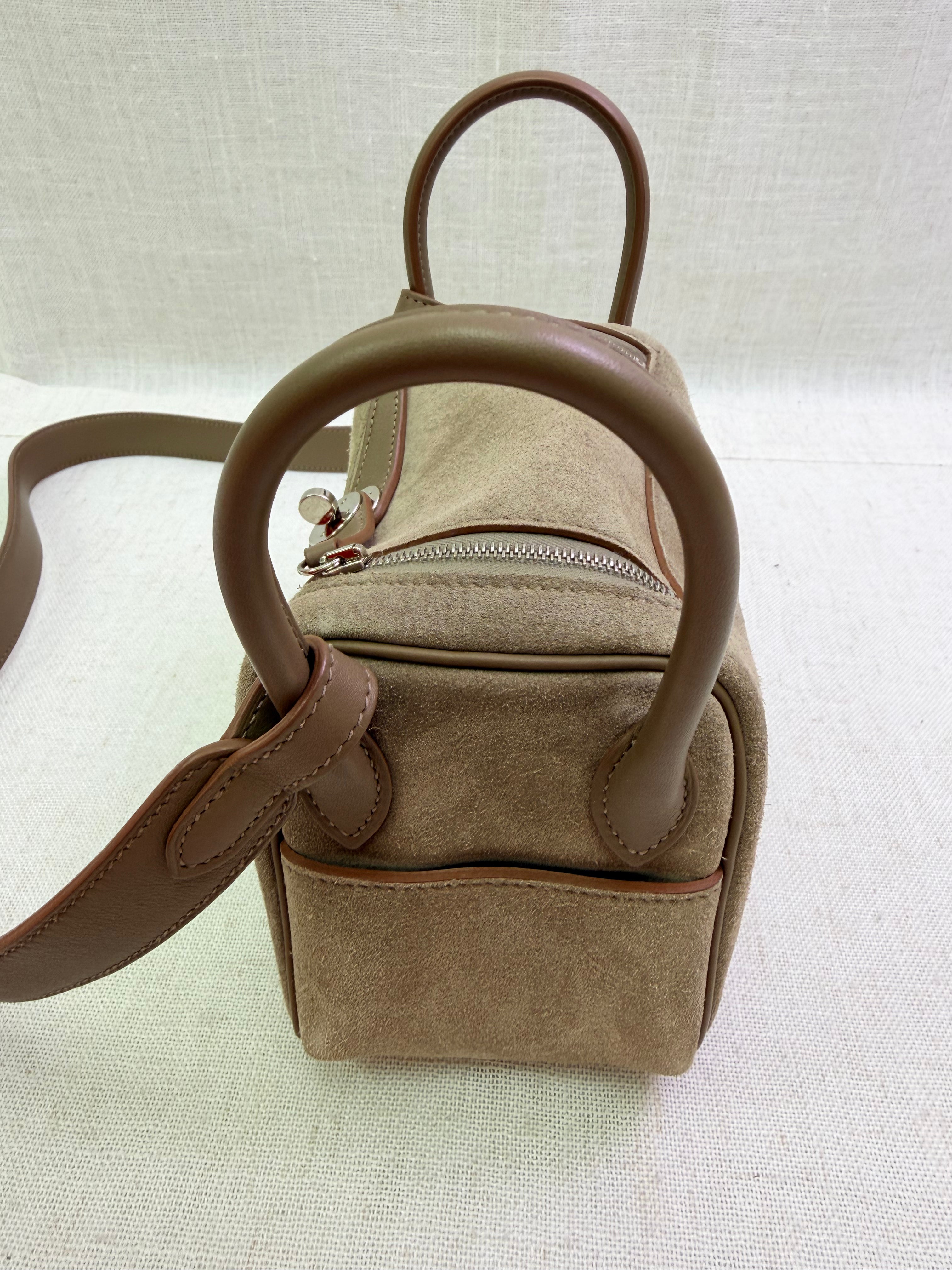 Hermes Gris Caillou Suede & Etoupe Swift Leather Mini Lindy 20 Bag