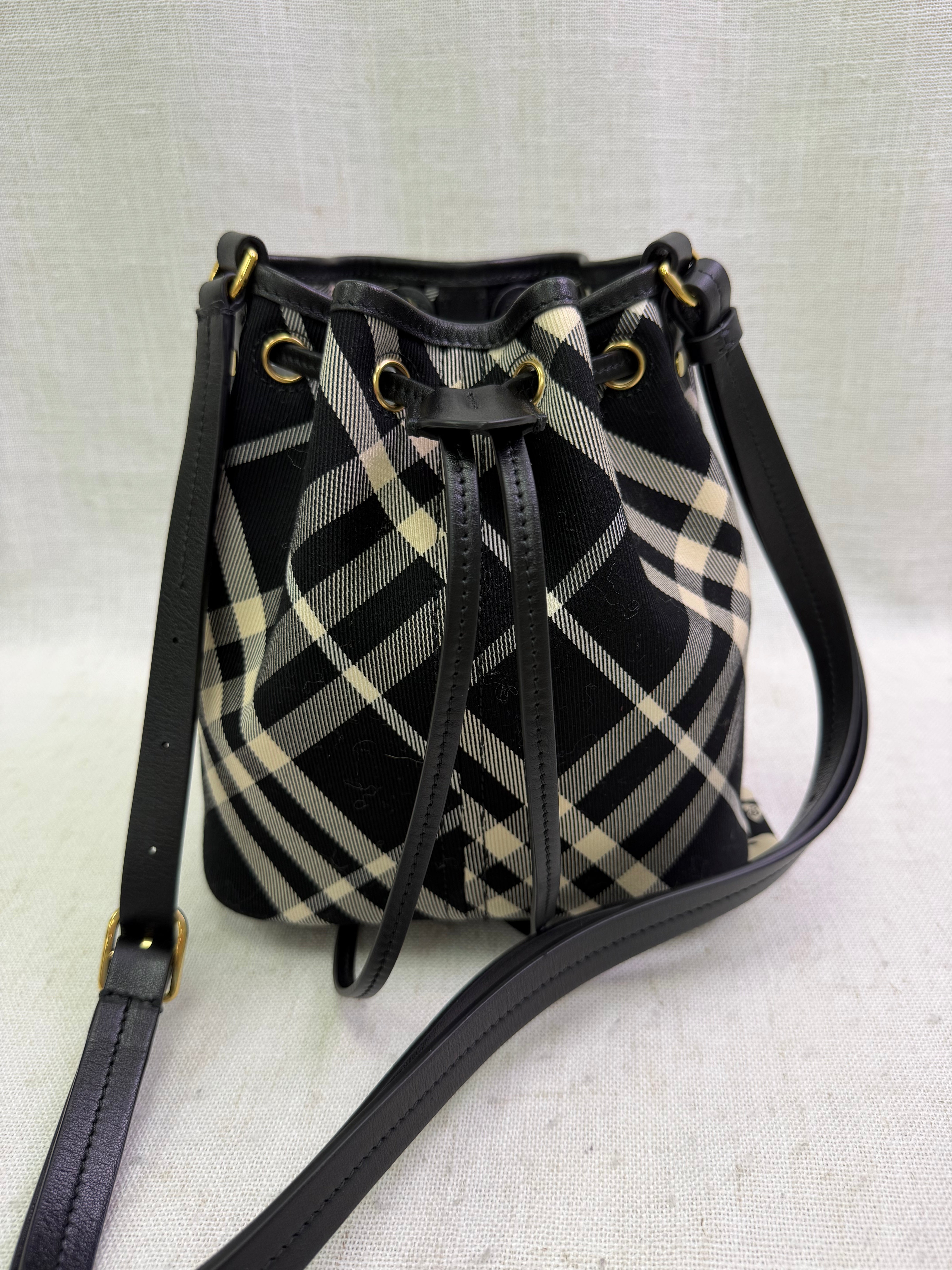 LIKE NEW Burberry Black & White Check Canvas Bucket Bag