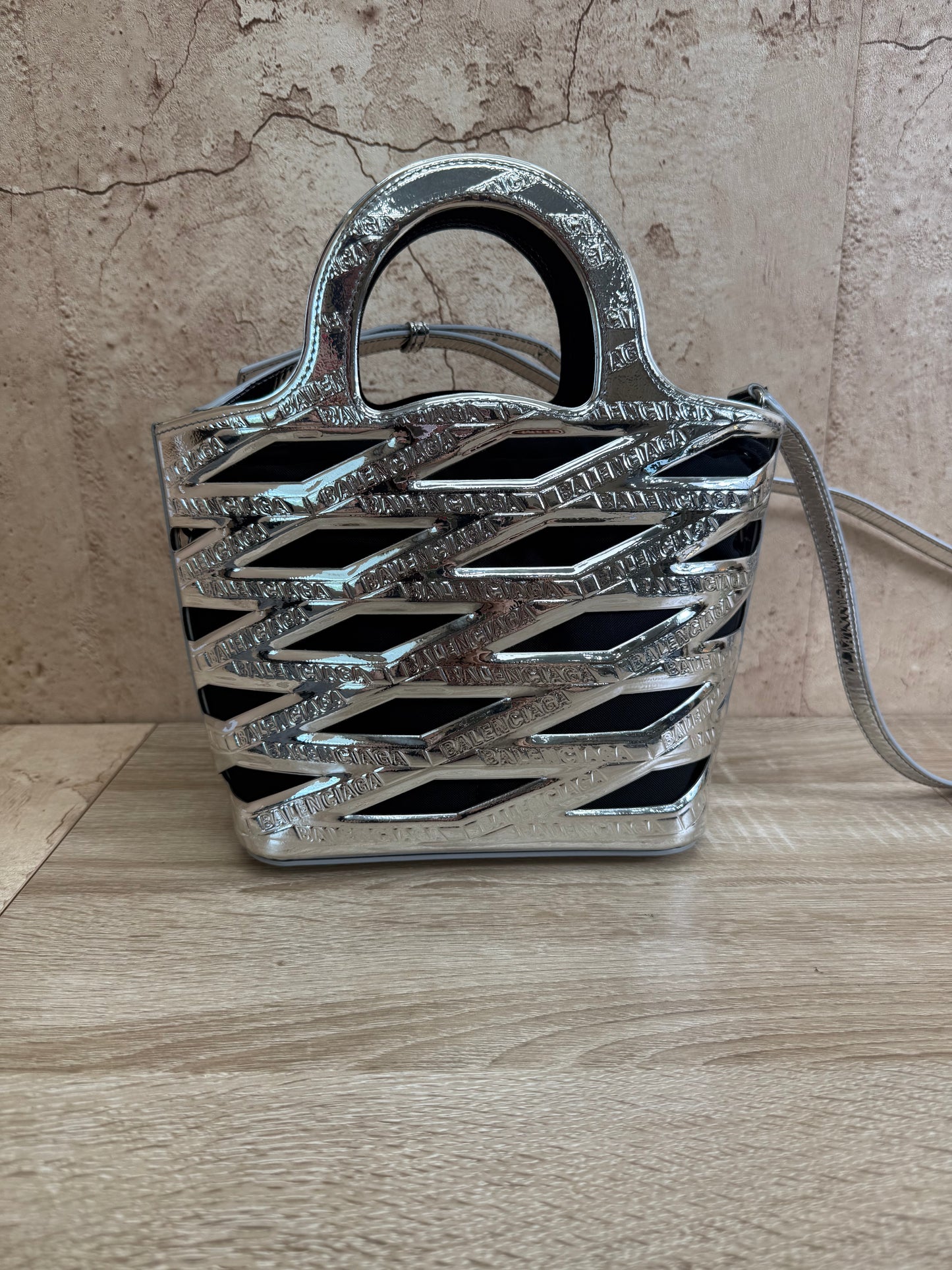 Balenciaga Metallic Silver Patent Leather Neo Basket Tote