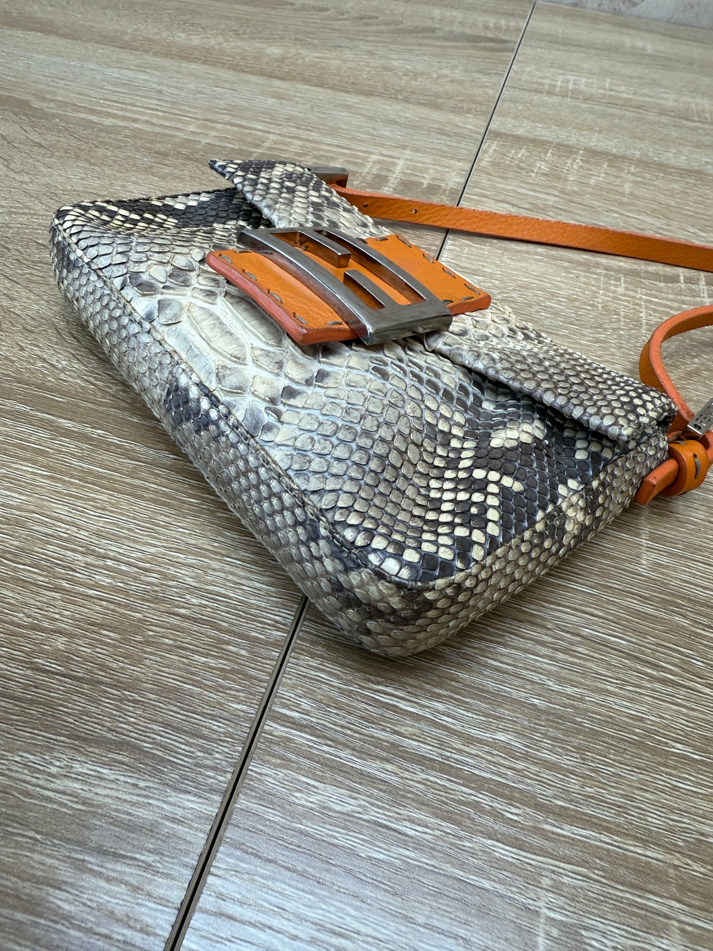 Fendi Orange Leather and Python Selleria Baguette Bag