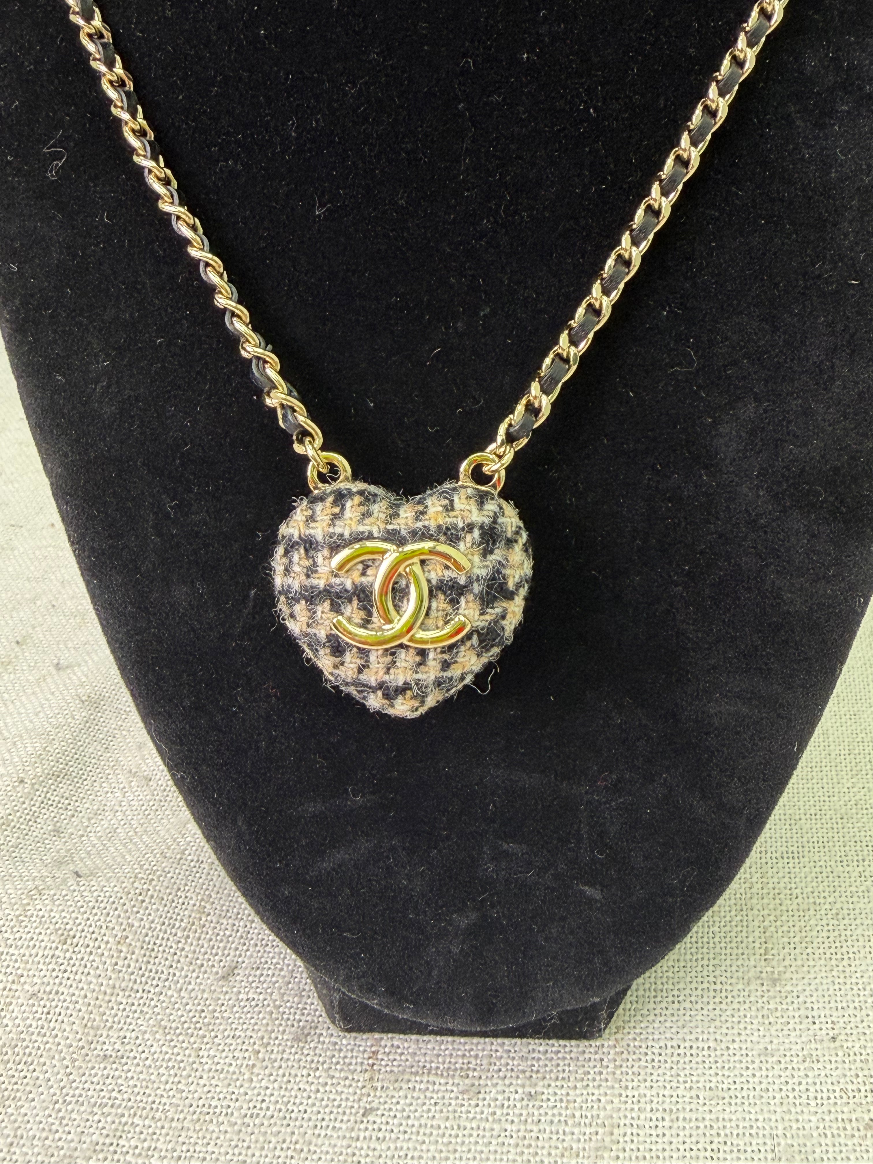 Chanel Black Leather & Tweed Gold Tone Mirror Locket Necklace