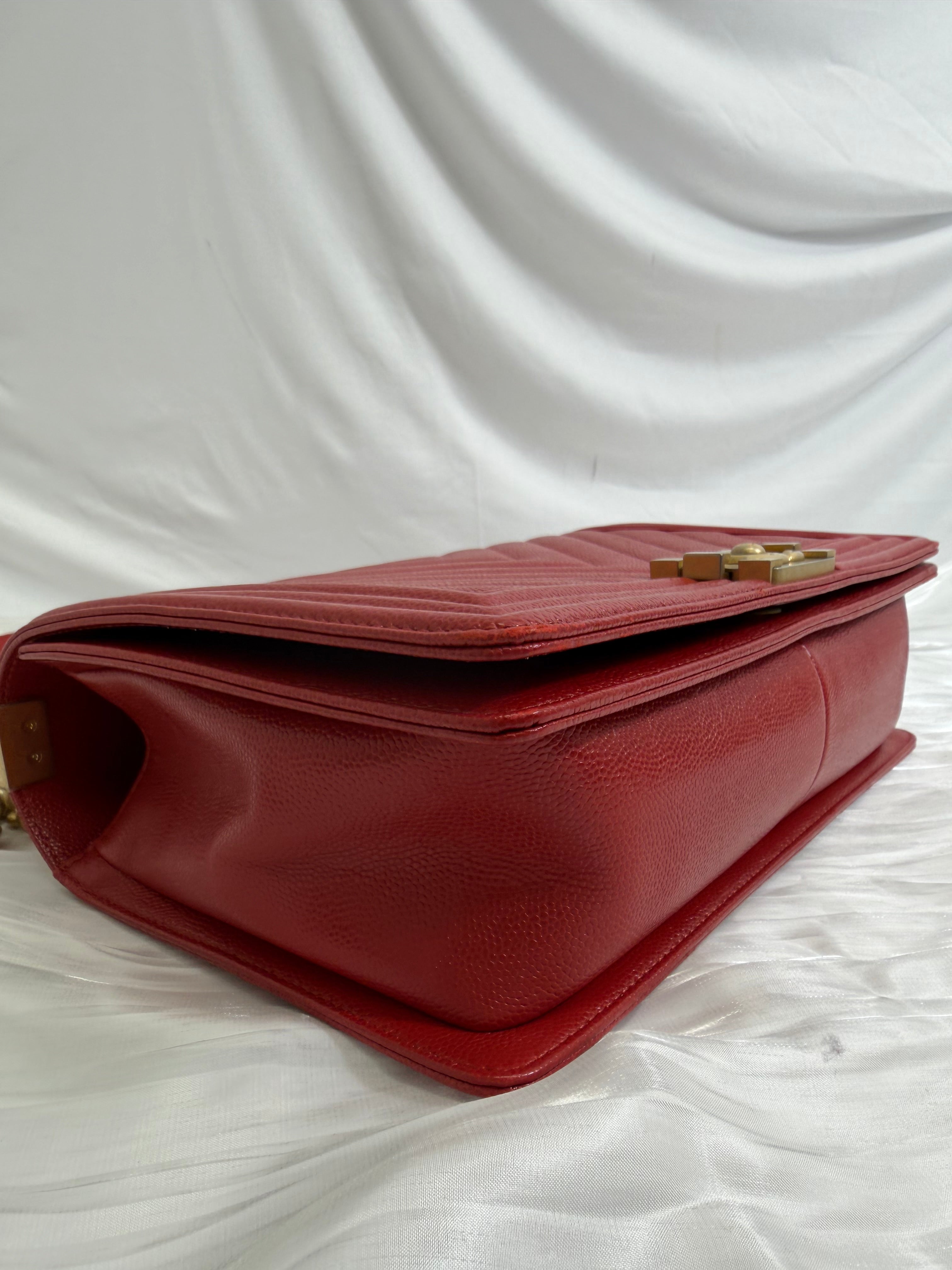 Chanel Red Chevron Quilted Caviar Medium Boy Bag