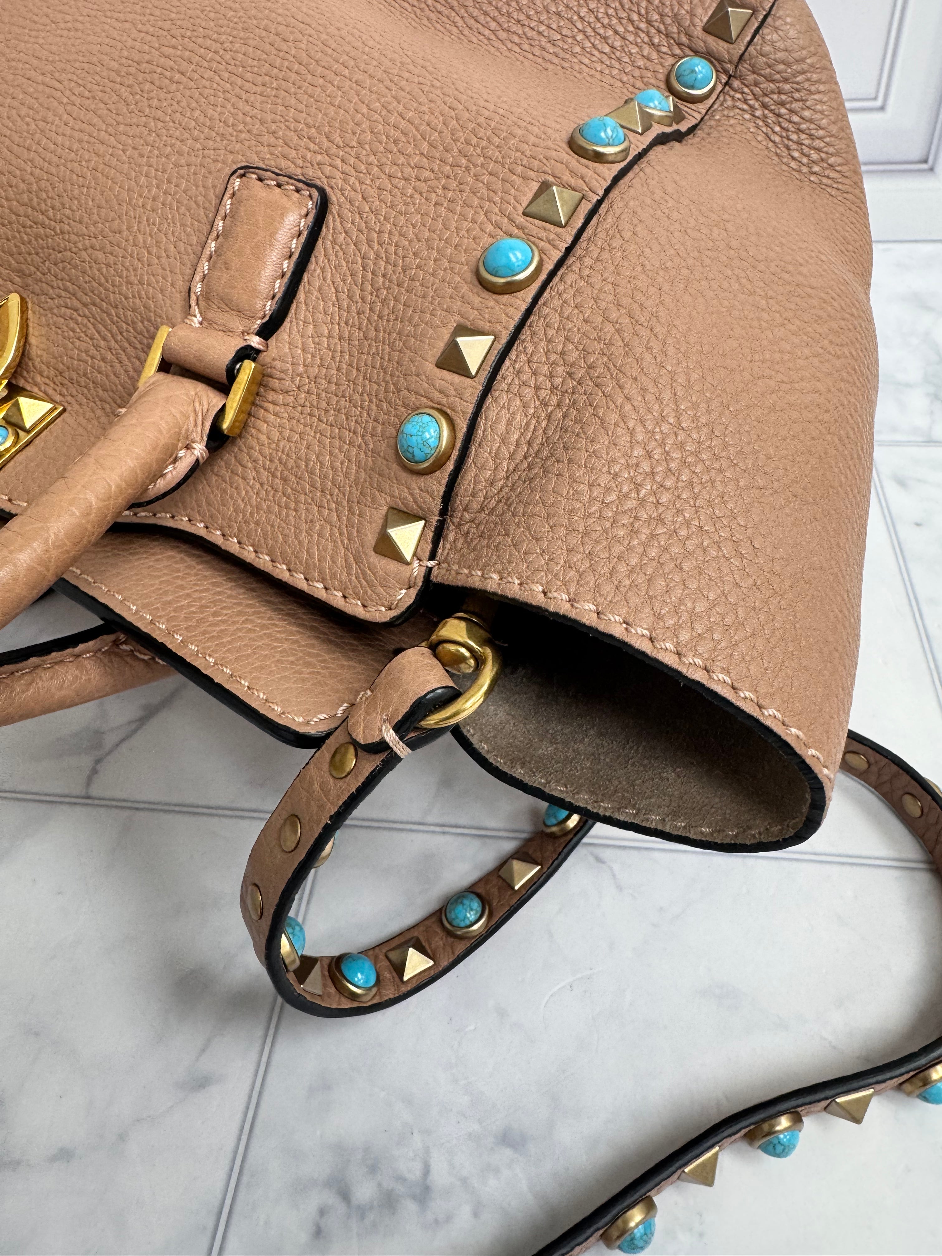 Valentino Dusty Rose Grained Leather Rockstud Rolling Tote Bag