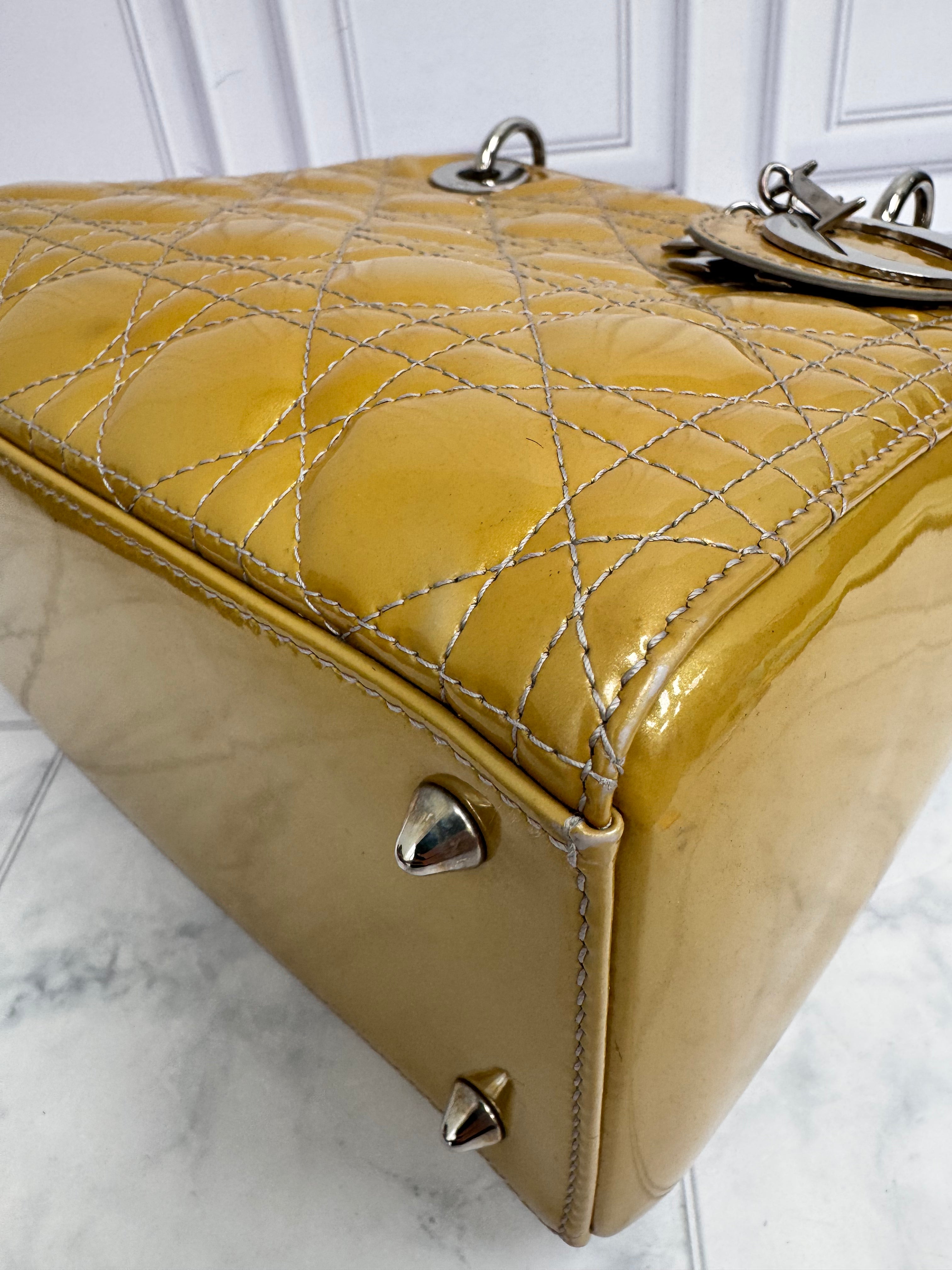 Christian Dior Yellow Cannage Patent Leather Medium Lady Dior
