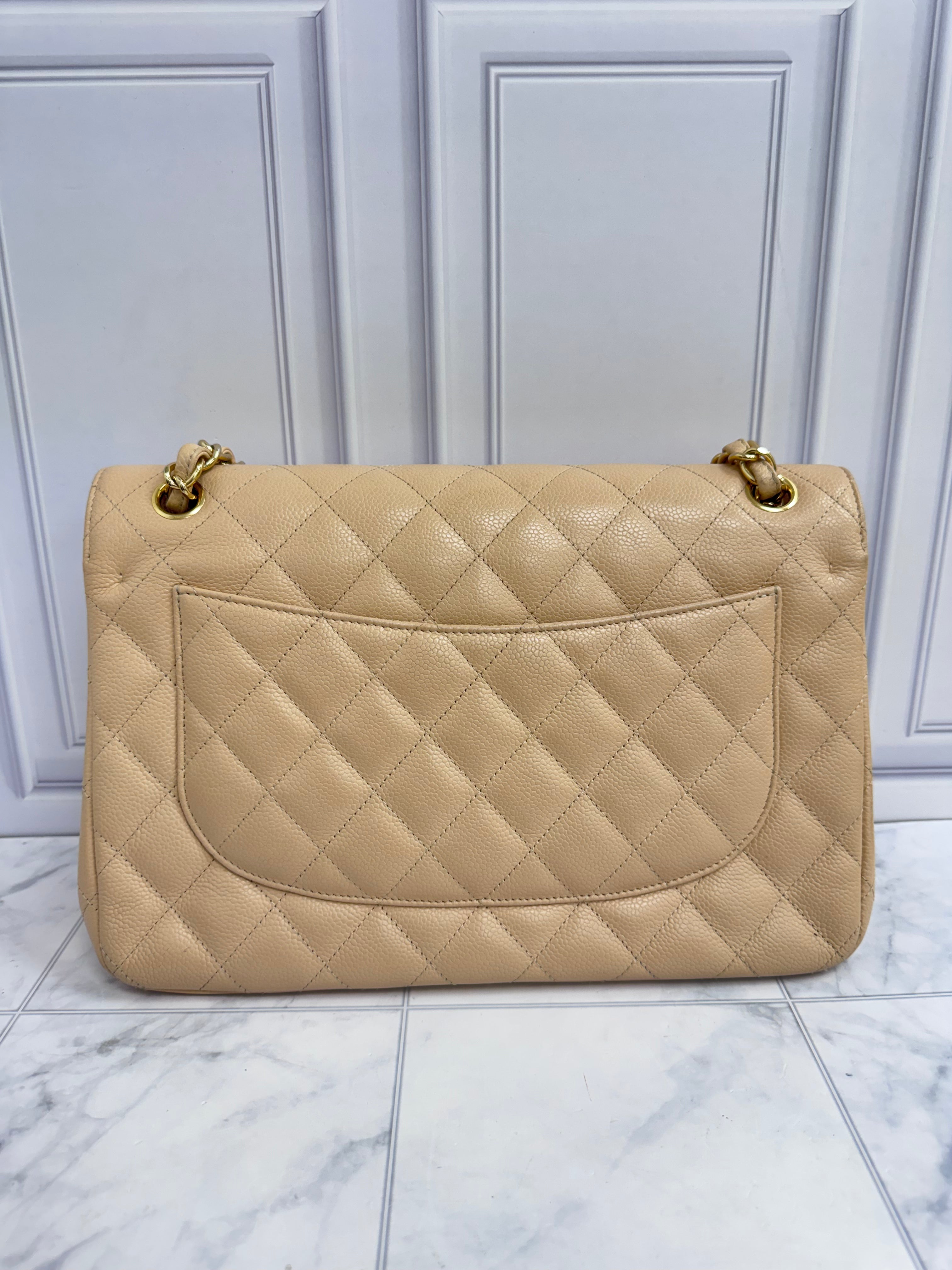 Chanel Beige Quilted Caviar Leather Jumbo Double Flap Bag