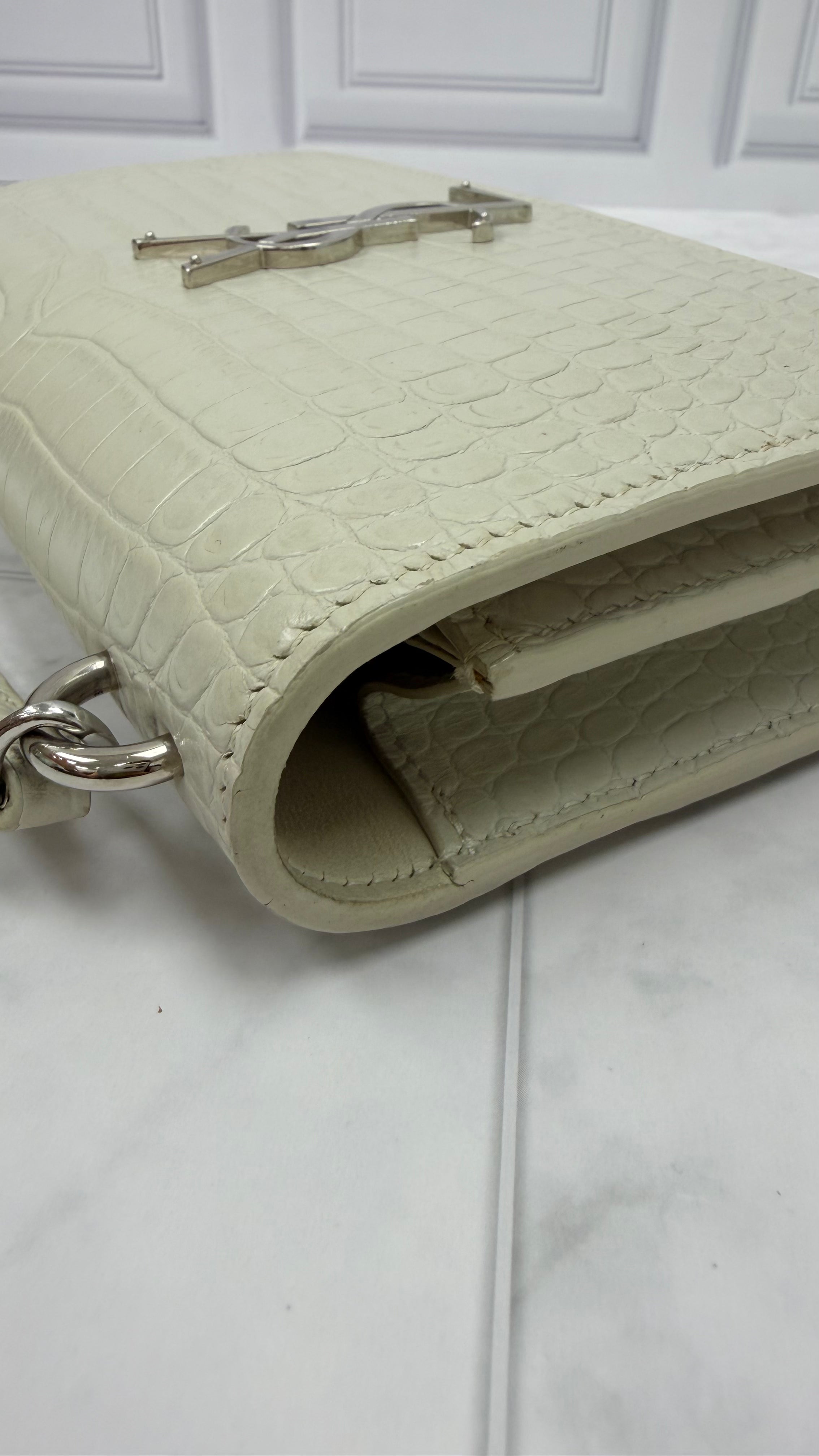 Saint Laurent YSL Beige Croc Embossed Leather Sunset Wallet on a Chain