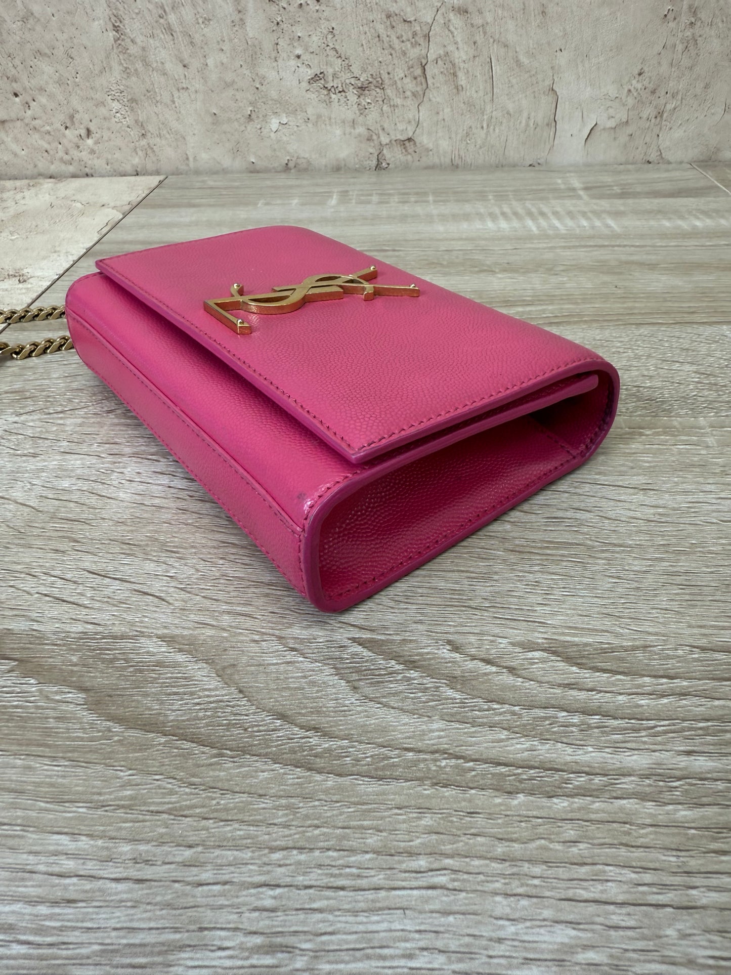 Saint Laurent YSL Hot Pink Pebbled Leather Kate Crossbody Bag