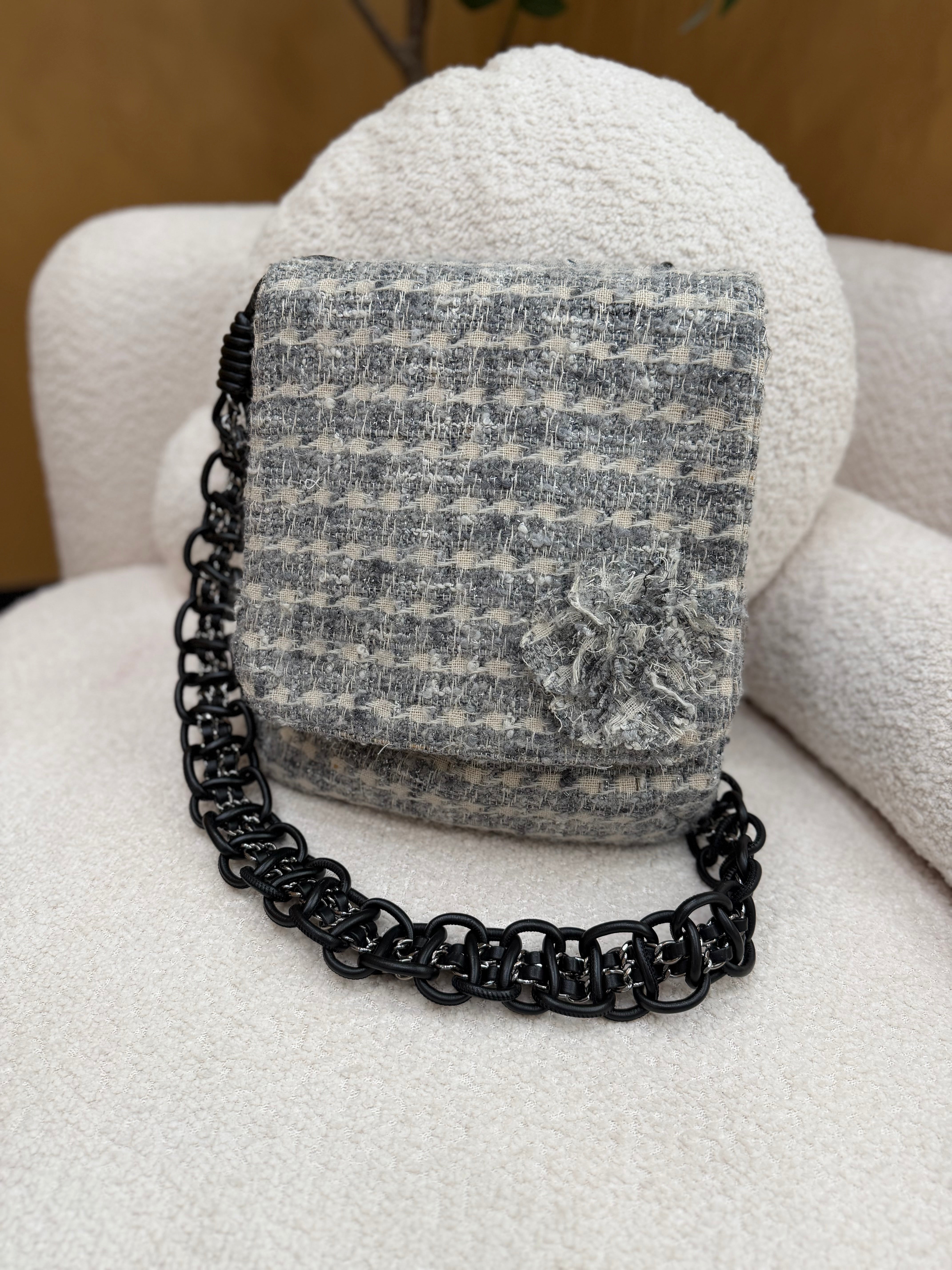 Chanel Gray Tweed Camellia Messenger Bag