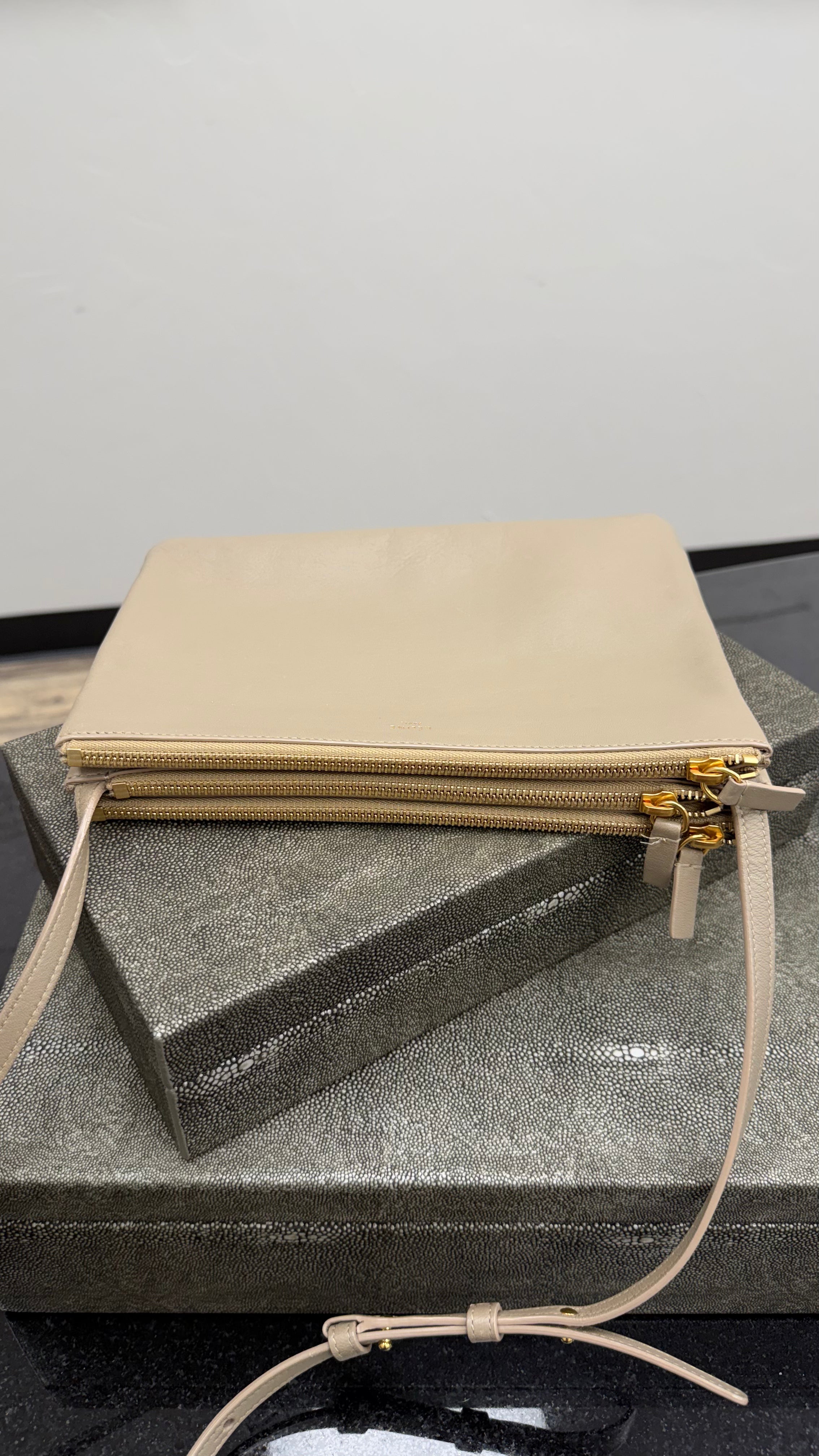 Celine Beige Lambskin Small Trio Zip Pouch Crossbody