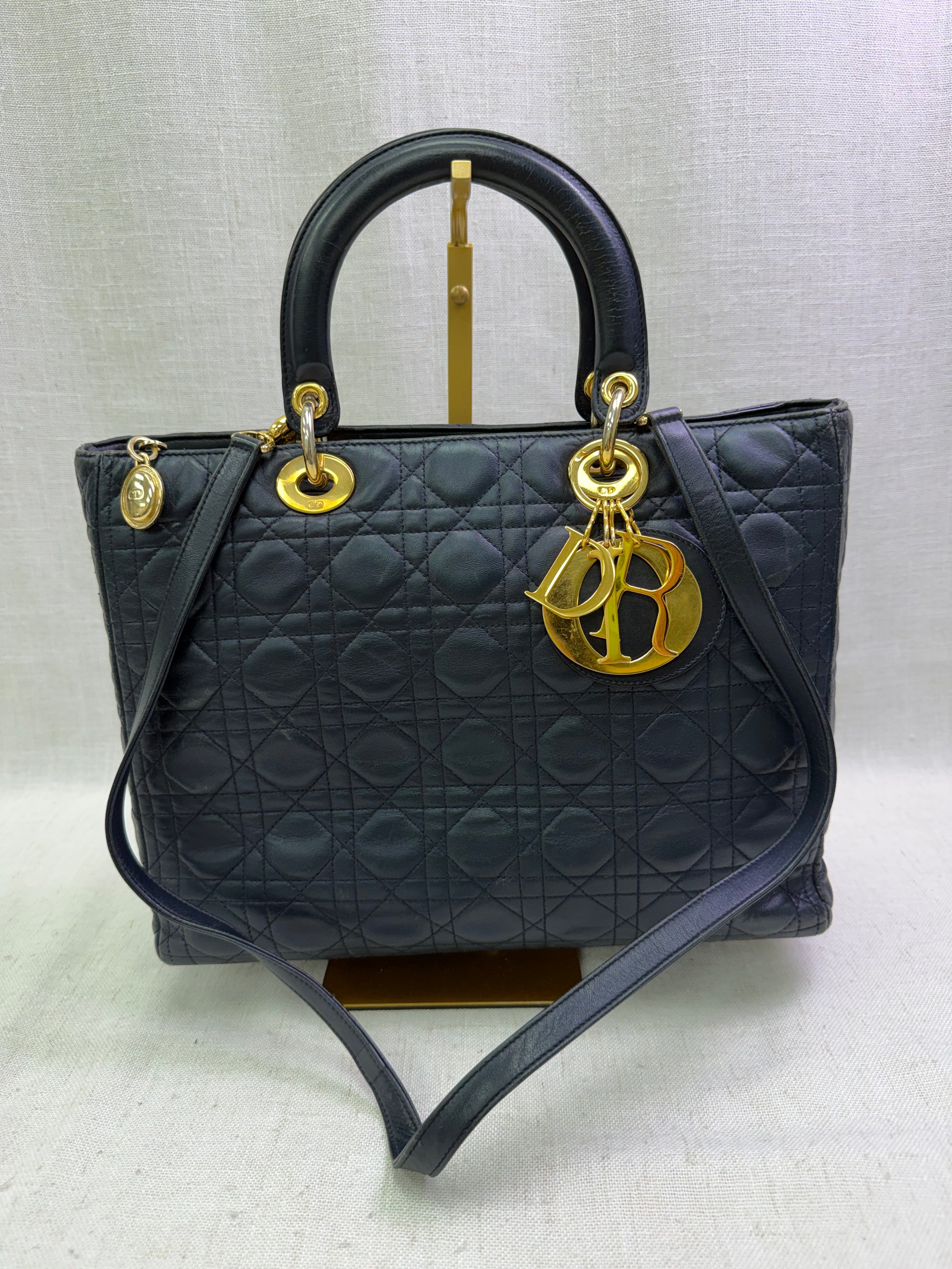 Christian Dior Vintage Navy Blue Cannage Lambskin Large Lady Dior