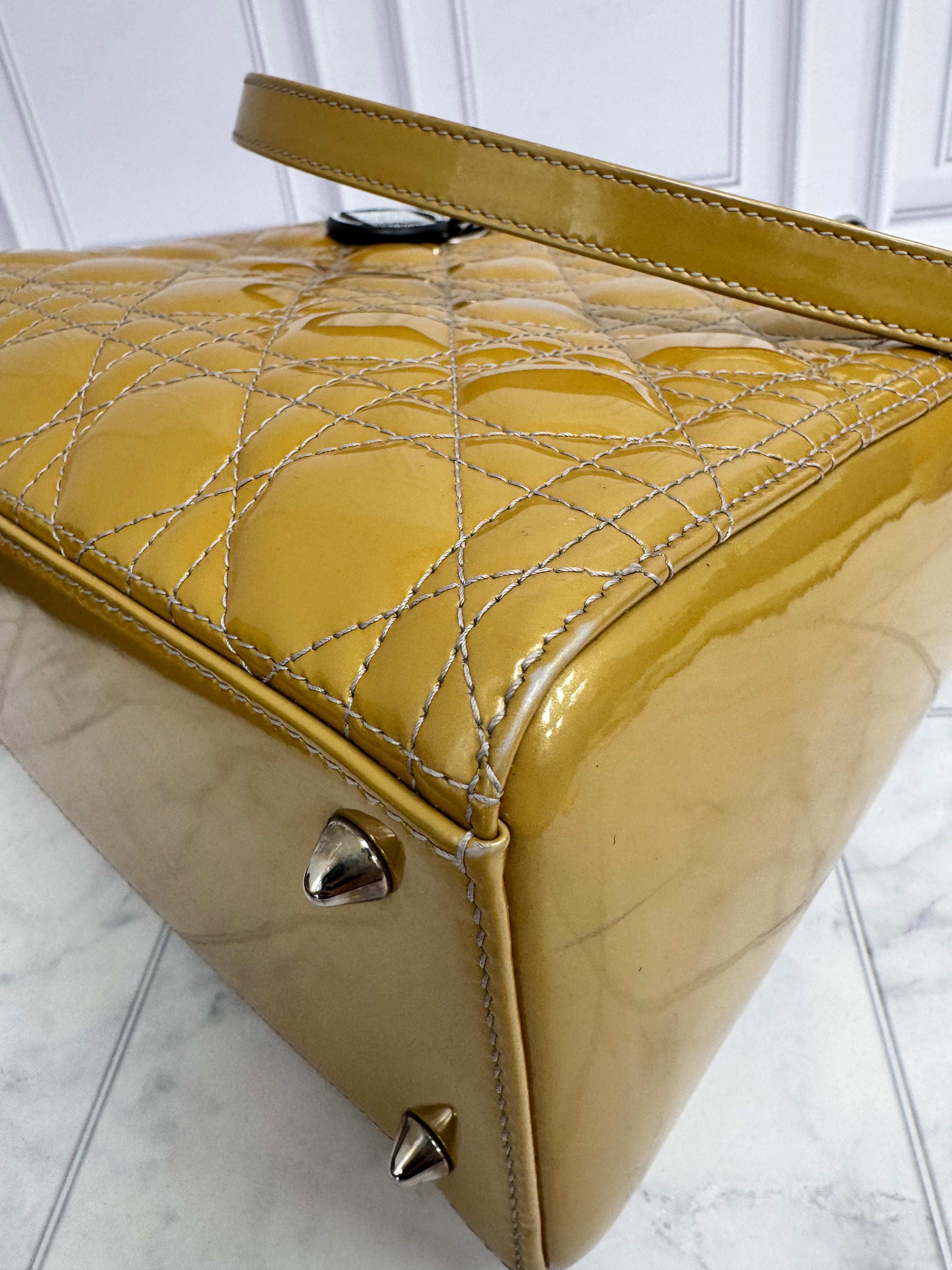 Christian Dior Yellow Cannage Patent Leather Medium Lady Dior