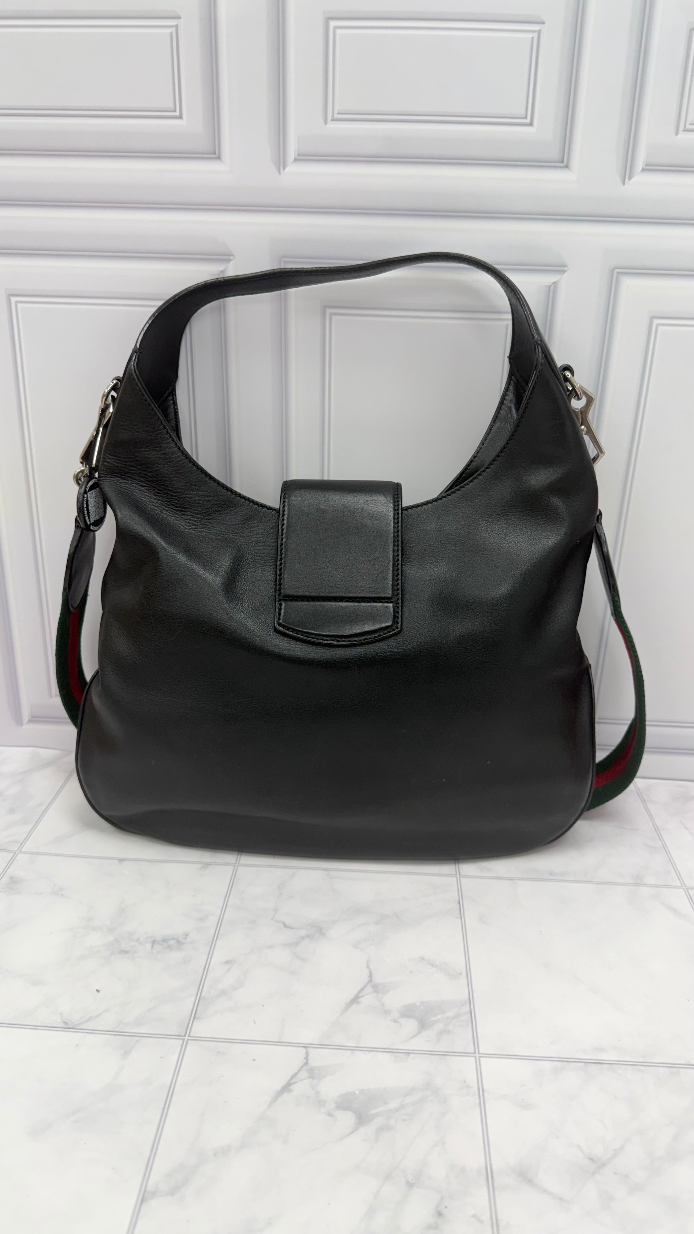 Gucci Black Leather Web Stripe Medium Dionysus Hobo Bag