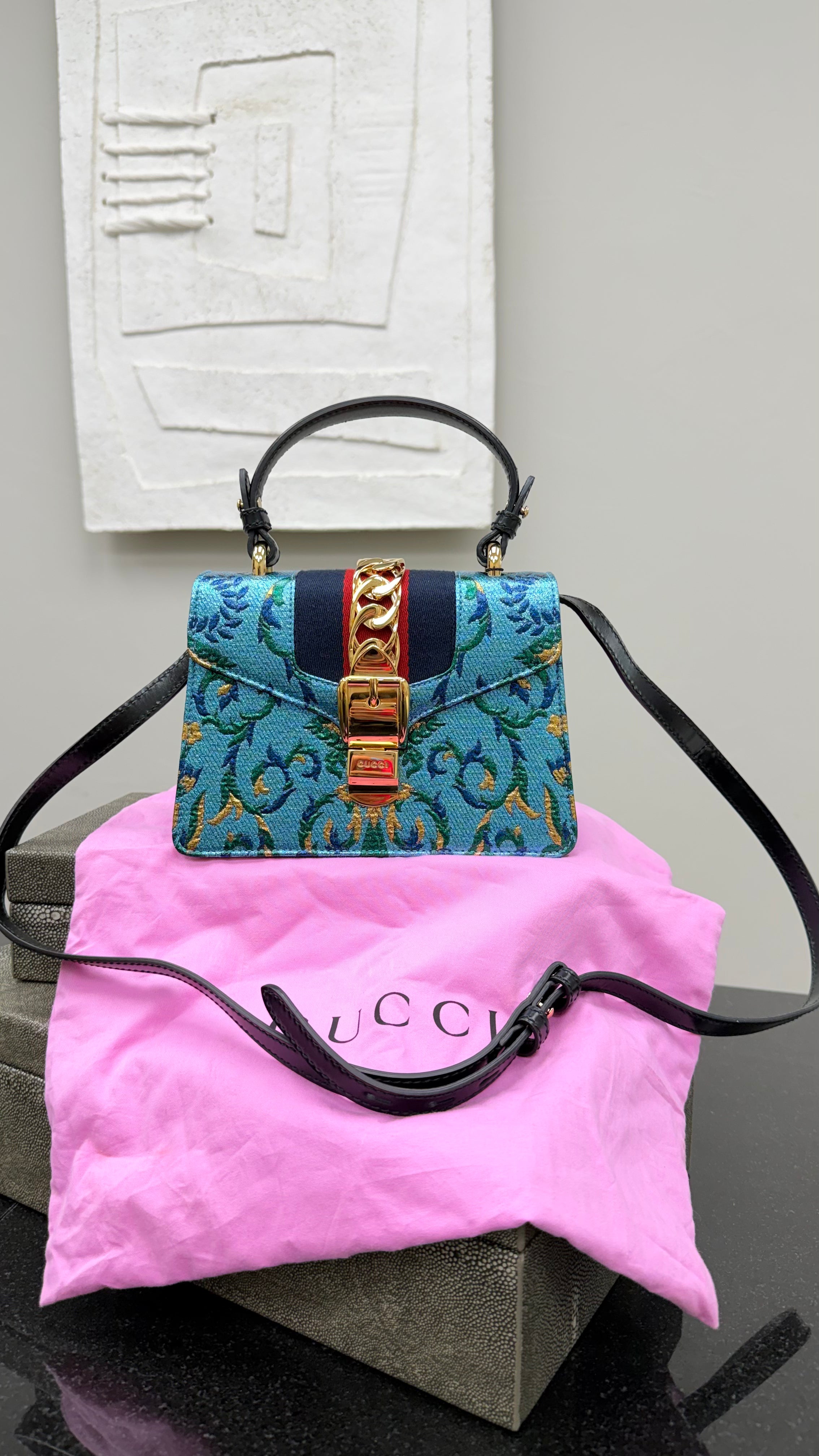 *DONS DROP* Gucci Blue Iridescent Brocade Mini Sylvie Top Handle Bag